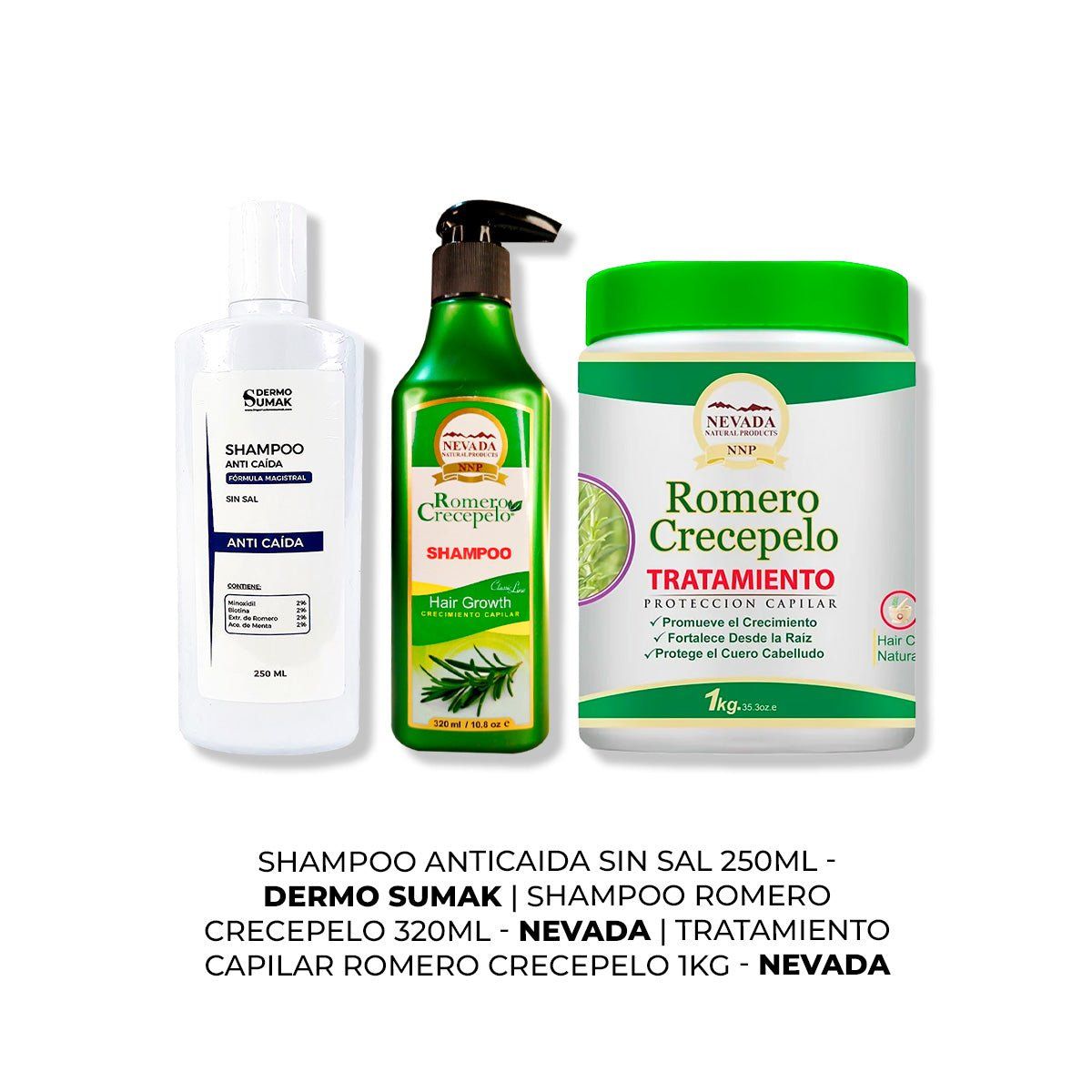 IMPORTADO MC - SHAMPOO ANTICAIDA 250ML + SHAMPOO ROMERO 320ML + TRATAMIENTO CAPILAR