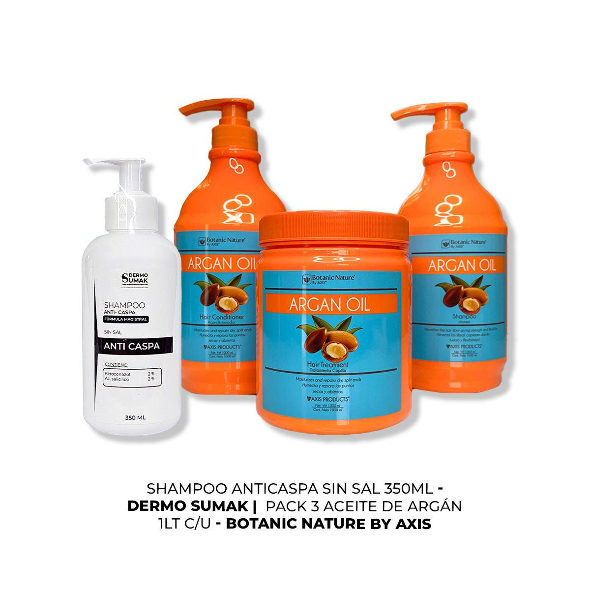 IMPORTADO MC - SHAMPOO ANTICASPA SIN SAL 350ML + PACK 3 ACEITE DE ARGÁN 1LT CU