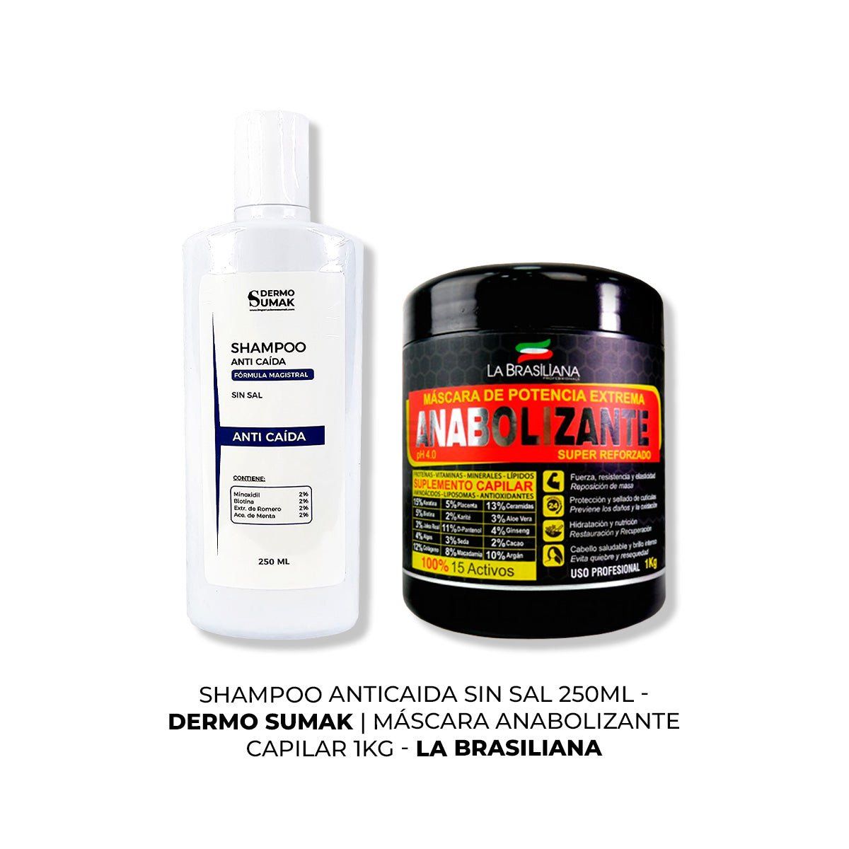 IMPORTADO MC - SHAMPOO ANTICAIDA SIN SAL 250ML + MÁSCARA ANABOLIZANTE CAPILAR 1KG