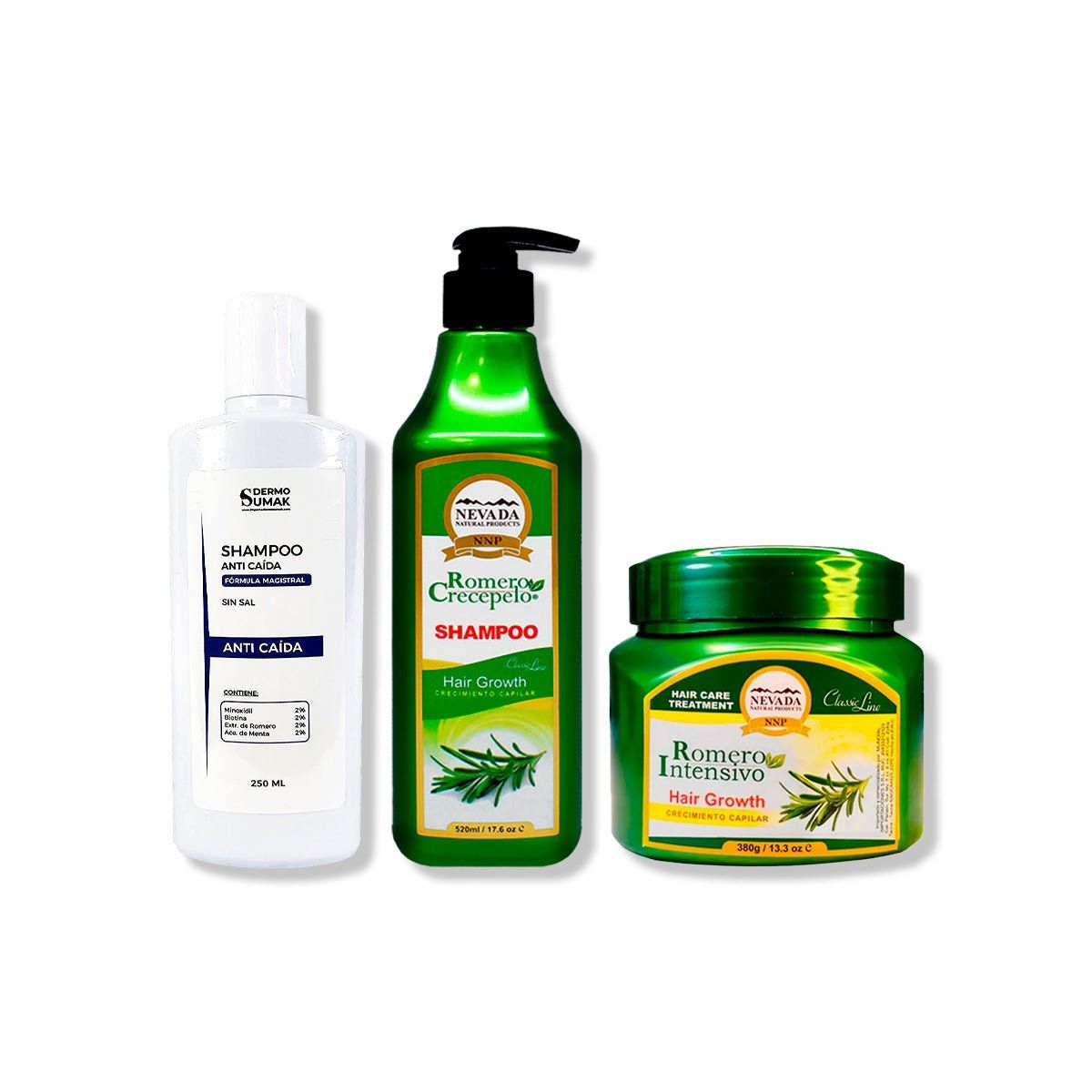 IMPORTADO MC - SHAMPOO ANTICAIDA 250ML + SHAMPOO ROMERO 520ML + CREMA DE CRECIMIENTO