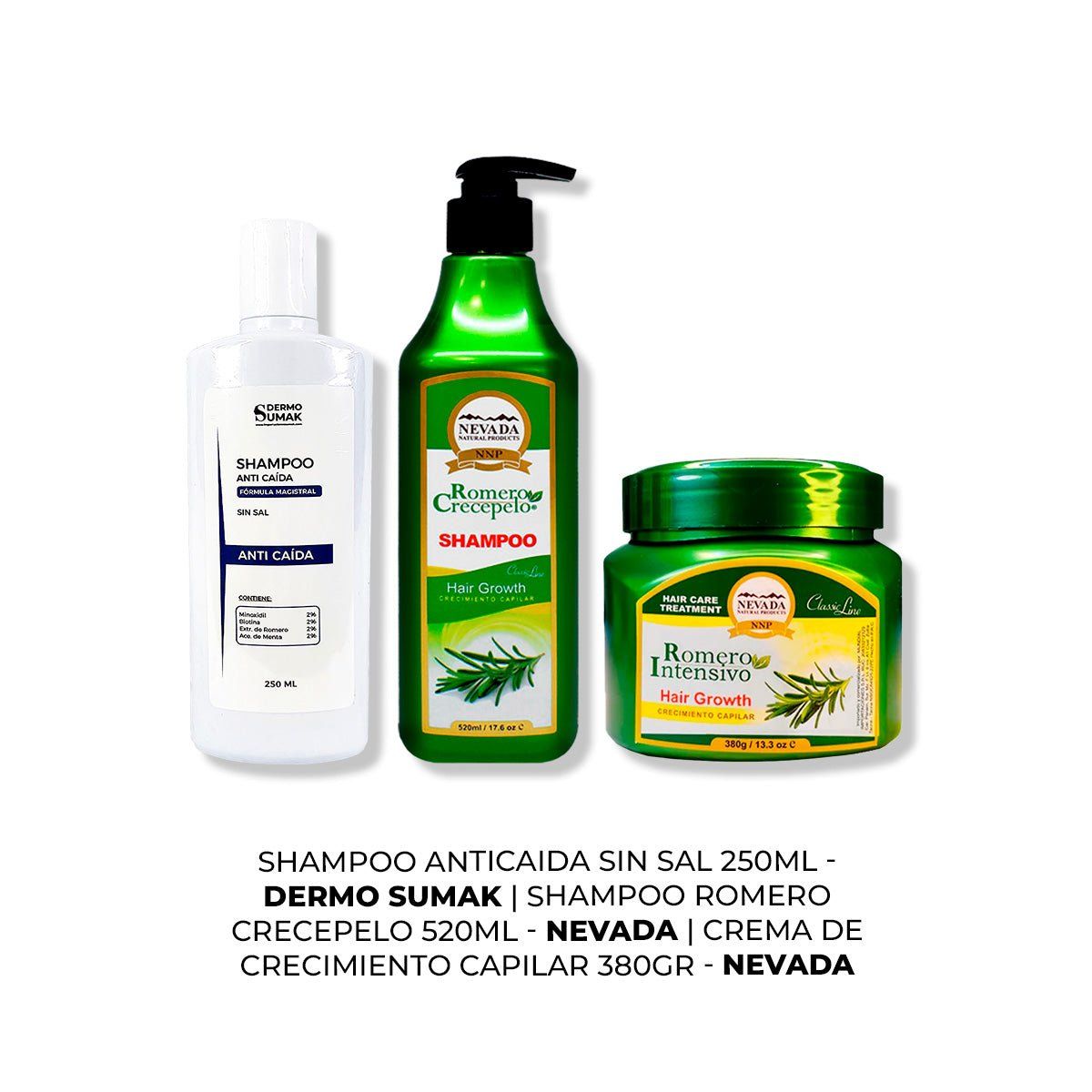 IMPORTADO MC - SHAMPOO ANTICAIDA 250ML + SHAMPOO ROMERO 520ML + CREMA DE CRECIMIENTO
