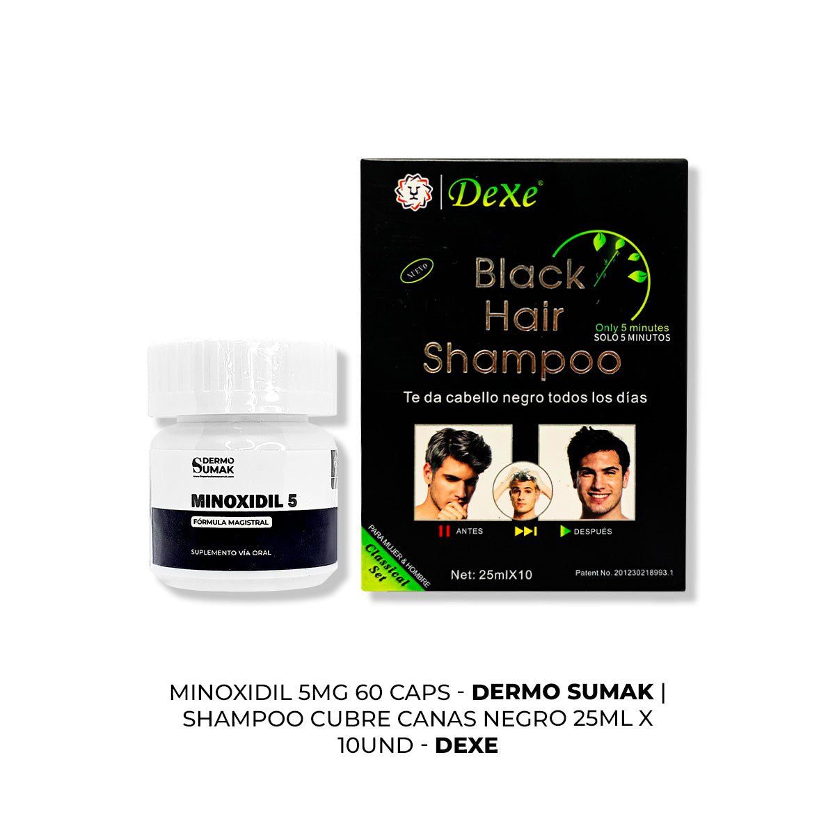 IMPORTADO MC - MINOXIDIL 5MG CAPS 60 + SHAMPOO CUBRE CANAS NEGRO 250ML X 10 UND
