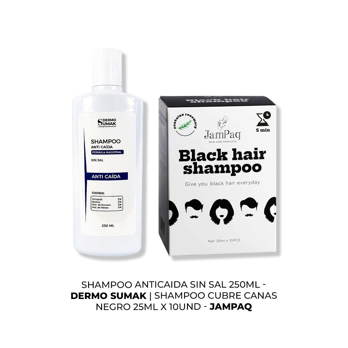 IMPORTADO MC - SHAMPOO ANTICAIDA 250ML + SHAMPOO CUBRE CANAS NEGRO 250ML JAMPAQ
