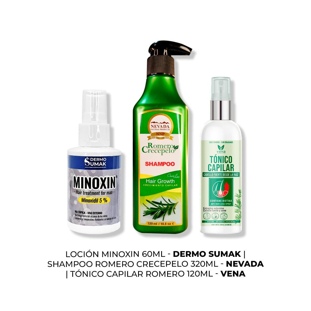 IMPORTADO MC - LOCIÓN MINOXIN 60ML + SHAMPOO ROMERO 320ML + TÓNICO CAPILAR ROMERO