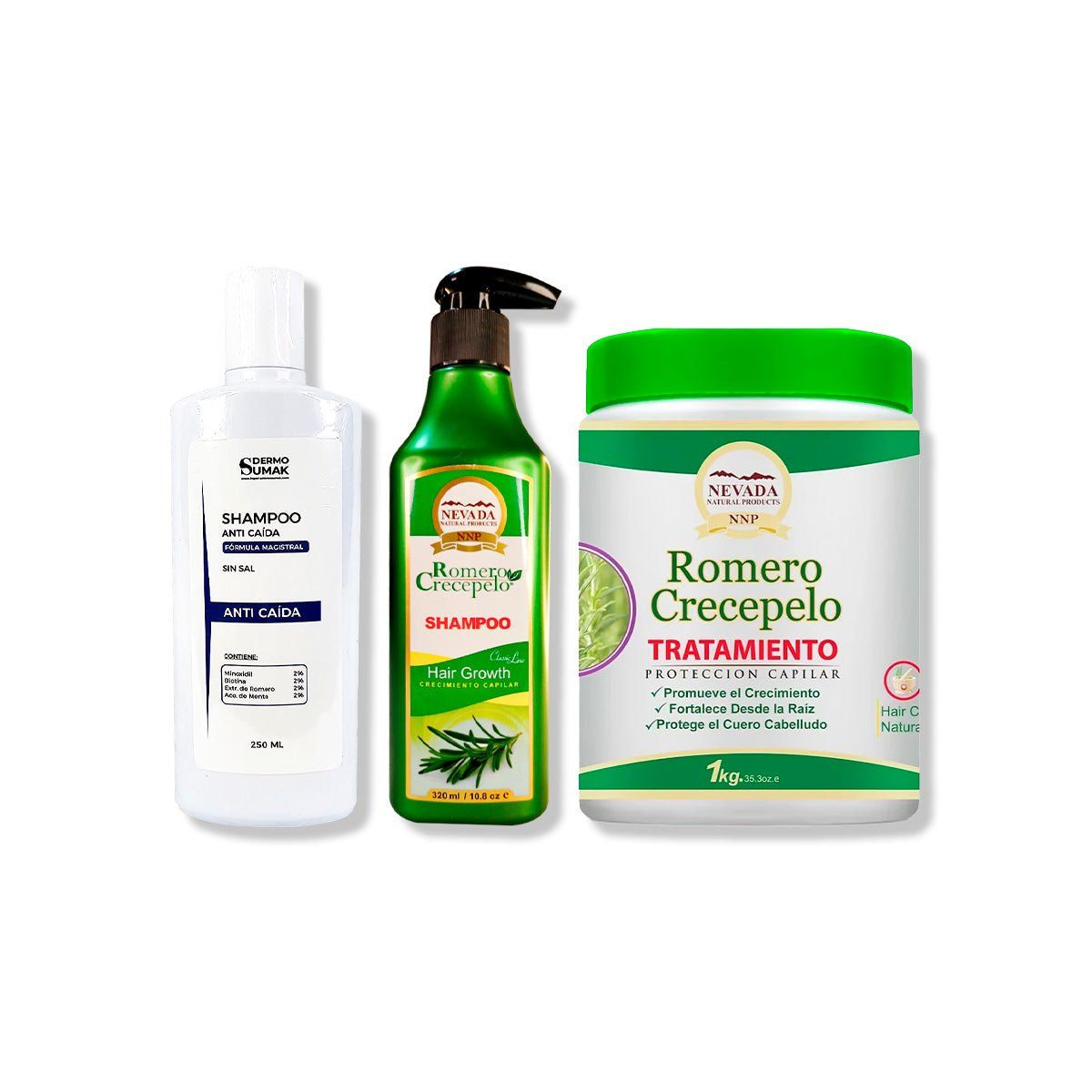 IMPORTADO MC - SHAMPOO ANTICAIDA 250ML + SHAMPOO ROMERO 320ML + TRATAMIENTO CAPILAR