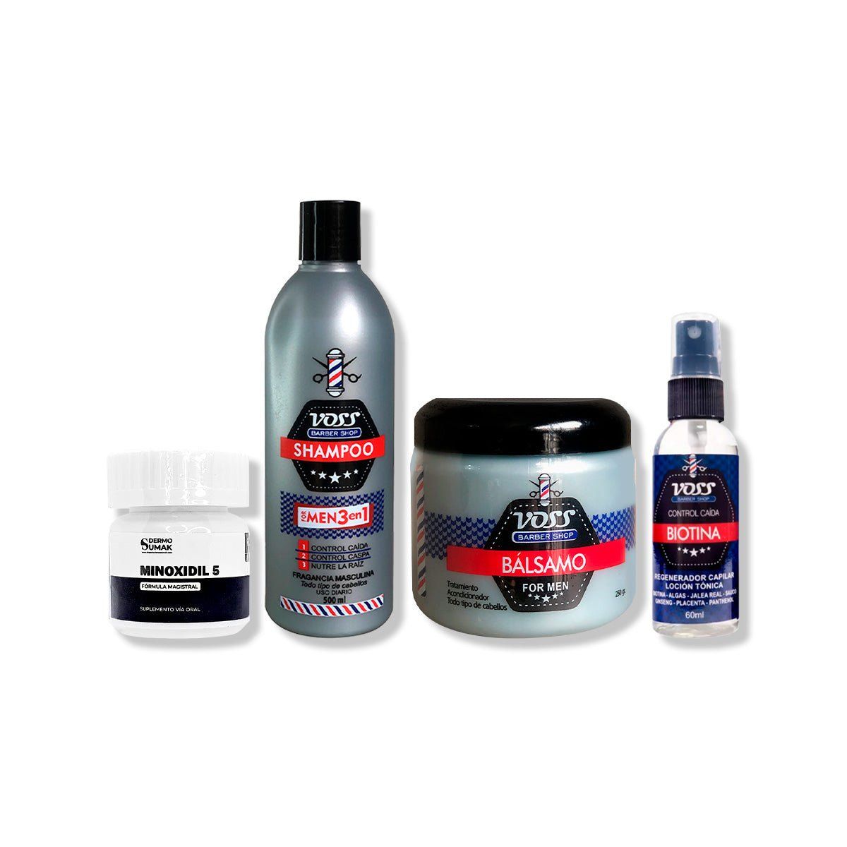 IMPORTADO MC - MINOXIDIL CAPS 60 + SHAMPOO VOSS + ACONDICIONADOR VOSS + BIOTINA VOSS