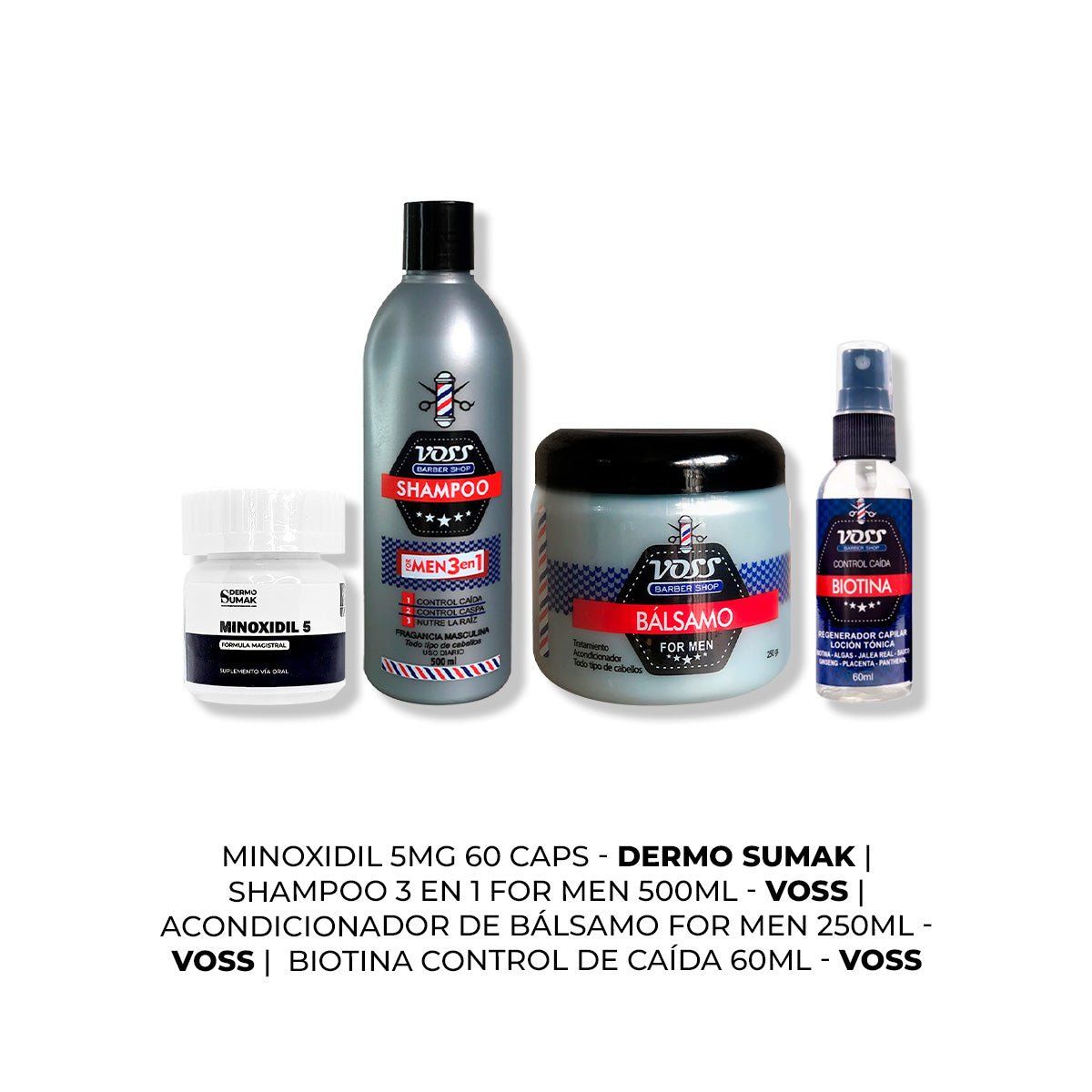 IMPORTADO MC - MINOXIDIL CAPS 60 + SHAMPOO VOSS + ACONDICIONADOR VOSS + BIOTINA VOSS