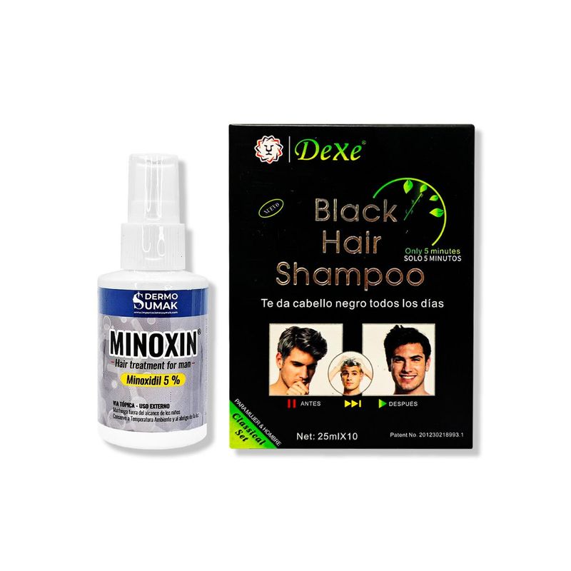 IMPORTADO MC - LOCIÓN MINOXIN 60ML + SHAMPOO CUBRE CANAS NEGRO 250ML X 10 UND