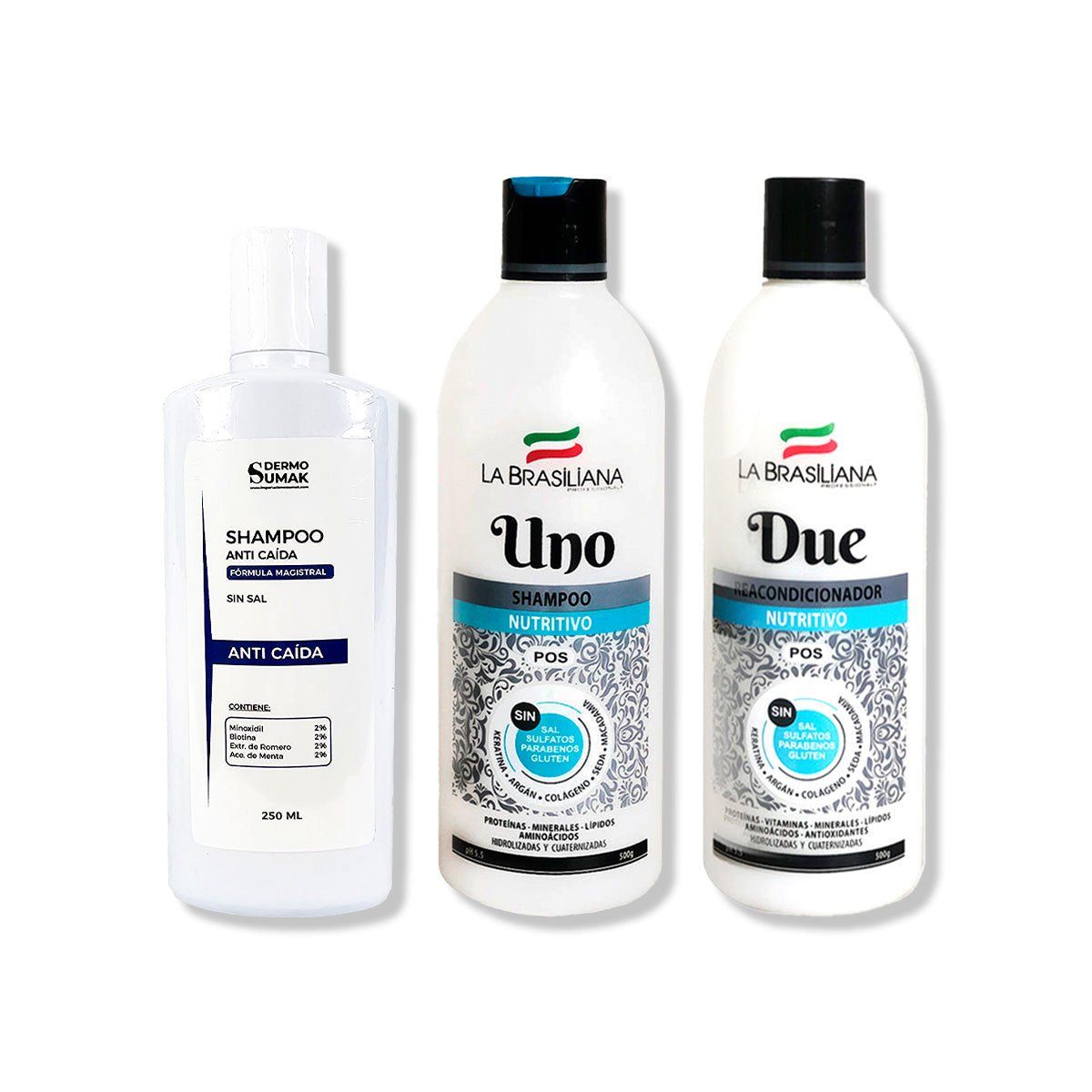 IMPORTADO MC - SHAMPOO ANTICAIDA 250ML + SHAMPOO UNO 500GR + ACONDICIONADOR DUE 500GR
