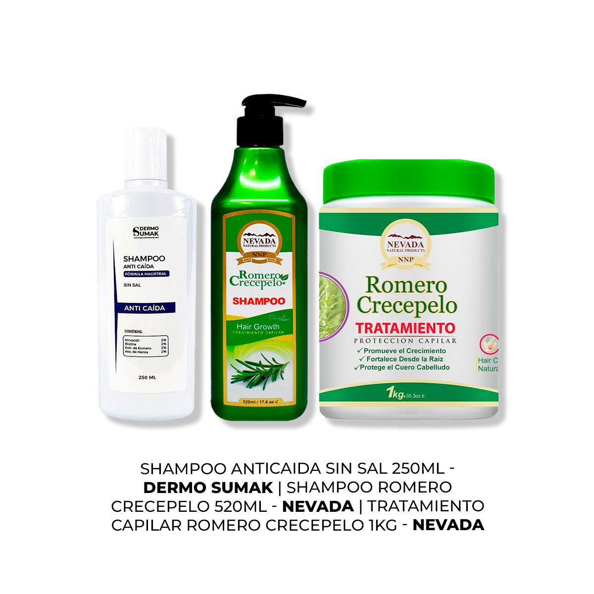 IMPORTADO MC - SHAMPOO ANTICAIDA 250ML + SHAMPOO ROMERO 520ML + TRATAMIENTO CAPILAR