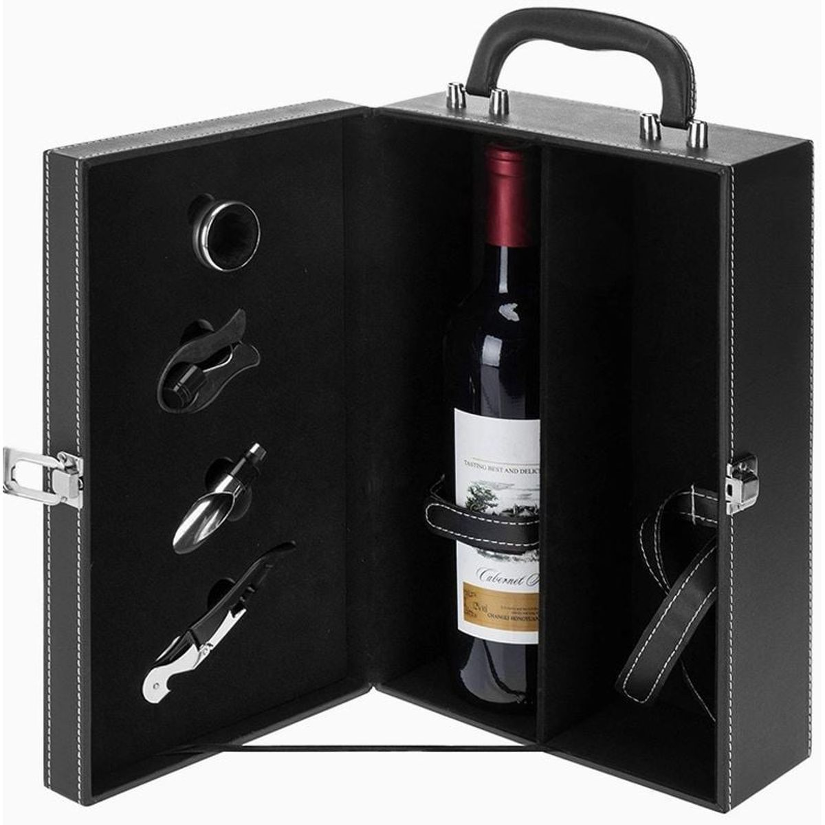 GENERICO - Estuche Caja Portátil para dos Vinos con 4 Accesorios Negro