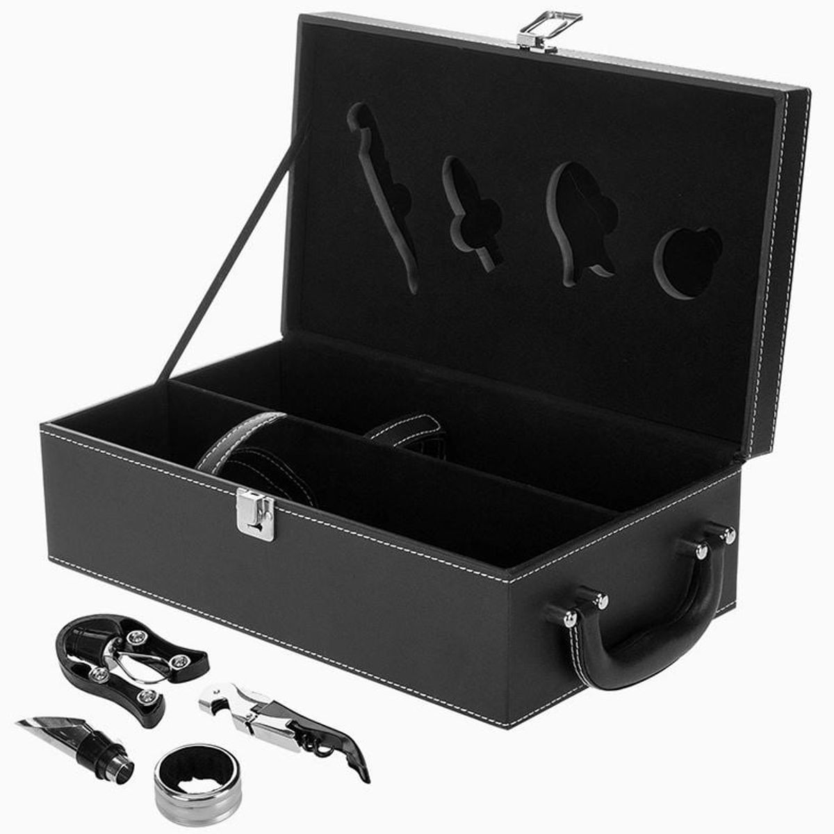 GENERICO - Estuche Caja Portátil para dos Vinos con 4 Accesorios Negro