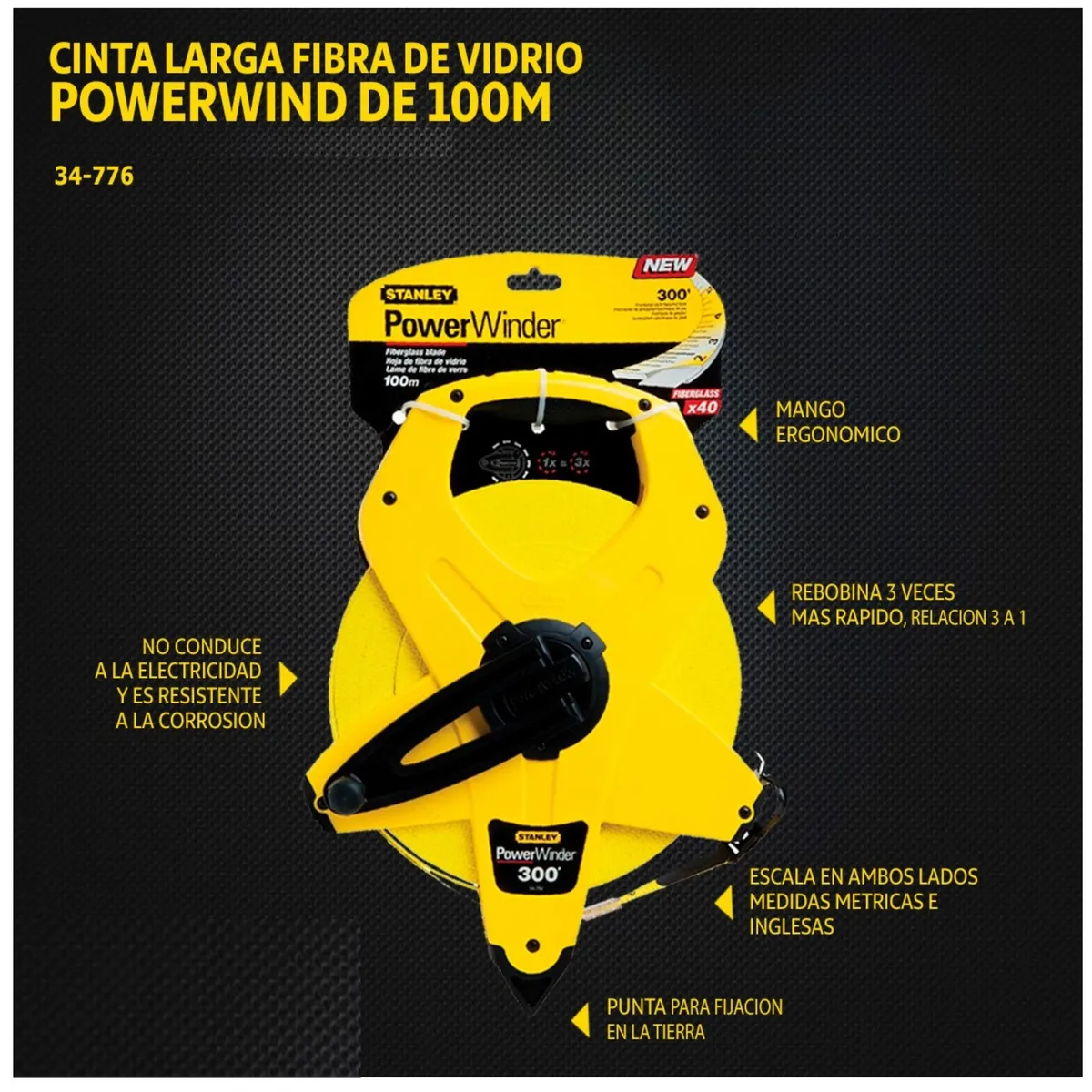 STANLEY - Wincha Cinta métrica 100m fibra de vidrio POWERLOCK STANLEY