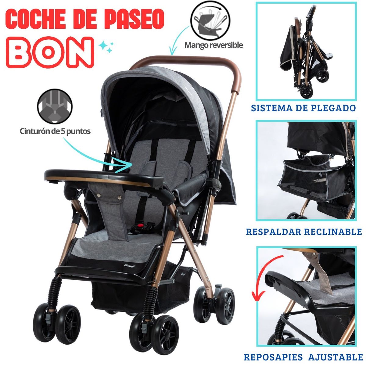 EBABY - COCHE DE PASEO PARA BEBE GRIS BON RECLINABLE