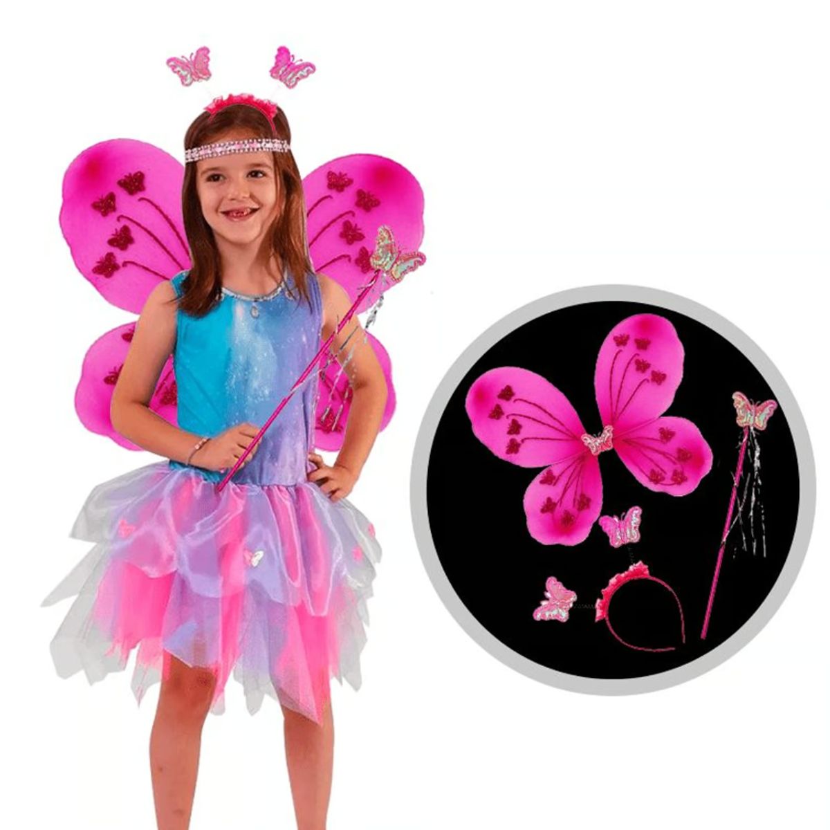 GENERICO - Alitas Mariposa Incluye Alita -Diadema - Varita Fucsia