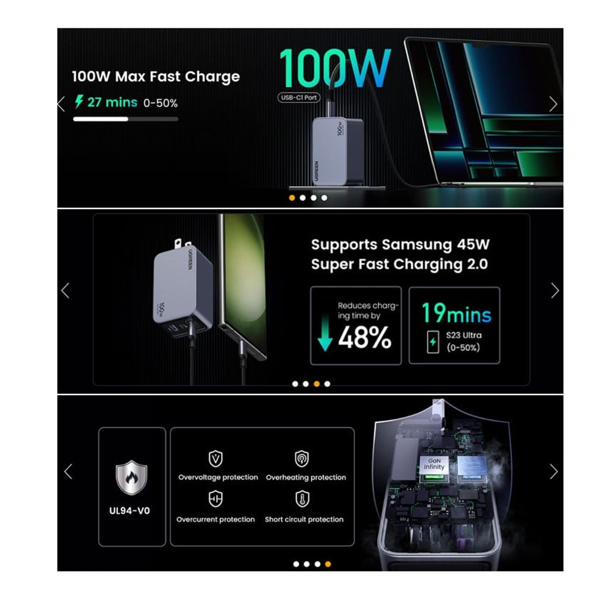 UGREEN - UGREEN Cargador Nexode Pro USB C PD 100W GaN 3EN1 Para iPhone Macbook