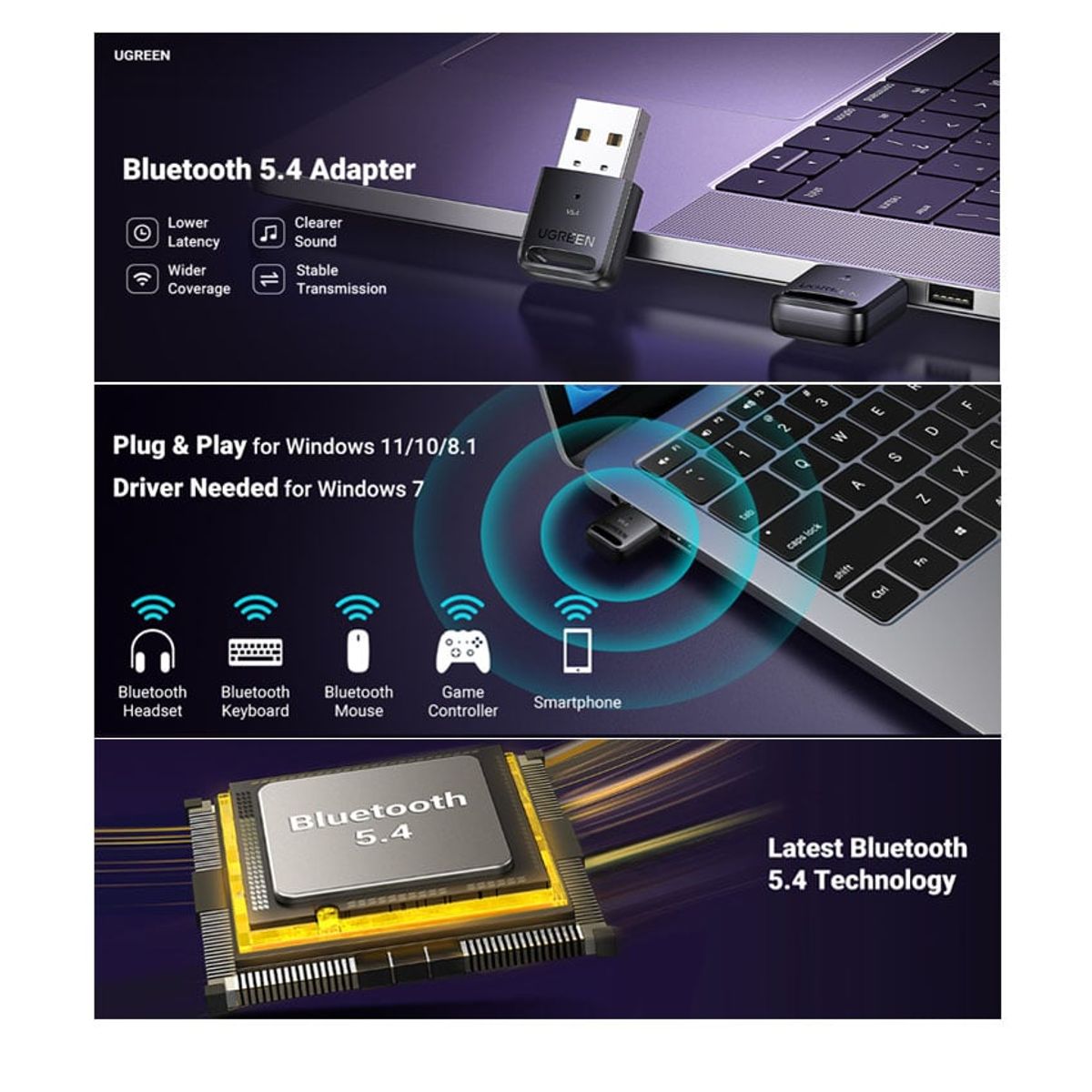 UGREEN - Adaptador USB Ugreen 5.4 Bluetooth PC Laptop Transmisor Recepto Dongle