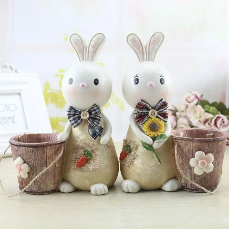 GENERICO - Hermosa decorativo de pareja de conejos con cubeta florales primavera