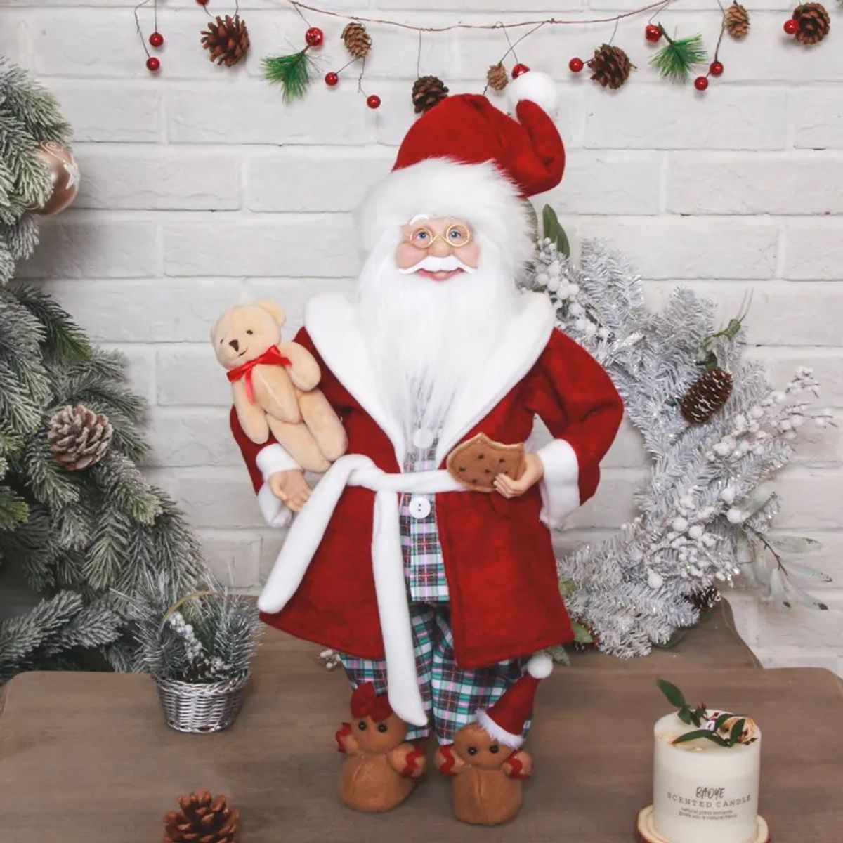 GENERICO - Papá Noel Santa Claus con pijama Decorativo con Galleta y Osito
