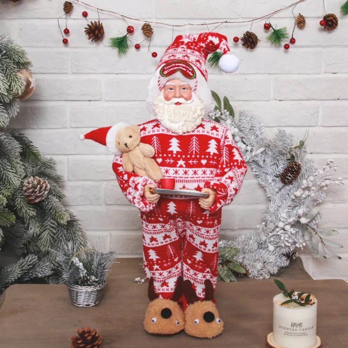 GENERICO - Papá Noel Santa Claus con pijama Decorativo con Bandeja y Osito