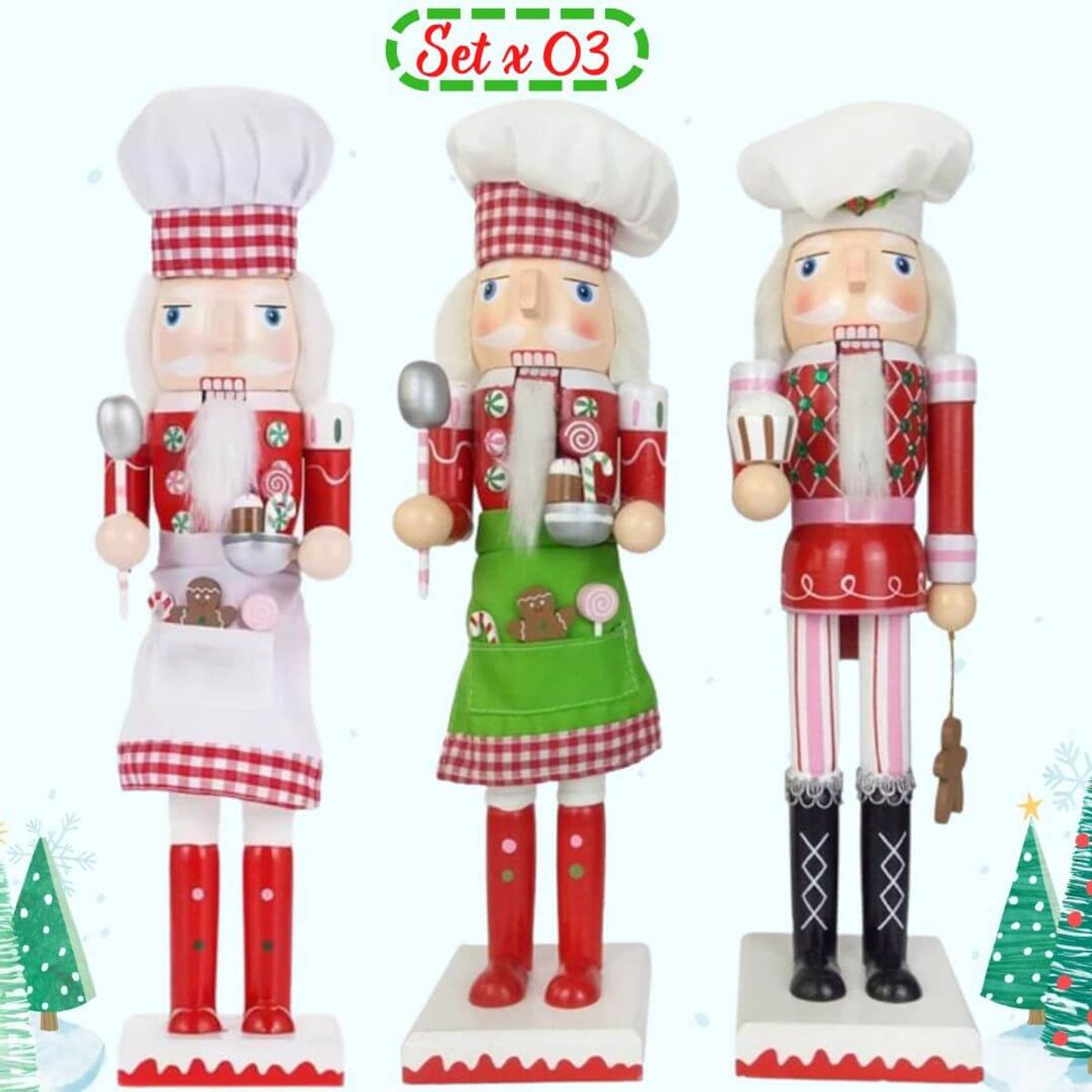 GENERICO - Cascanueces Navidad Modelo Pastelero Set x 03 - Miden 38 cm