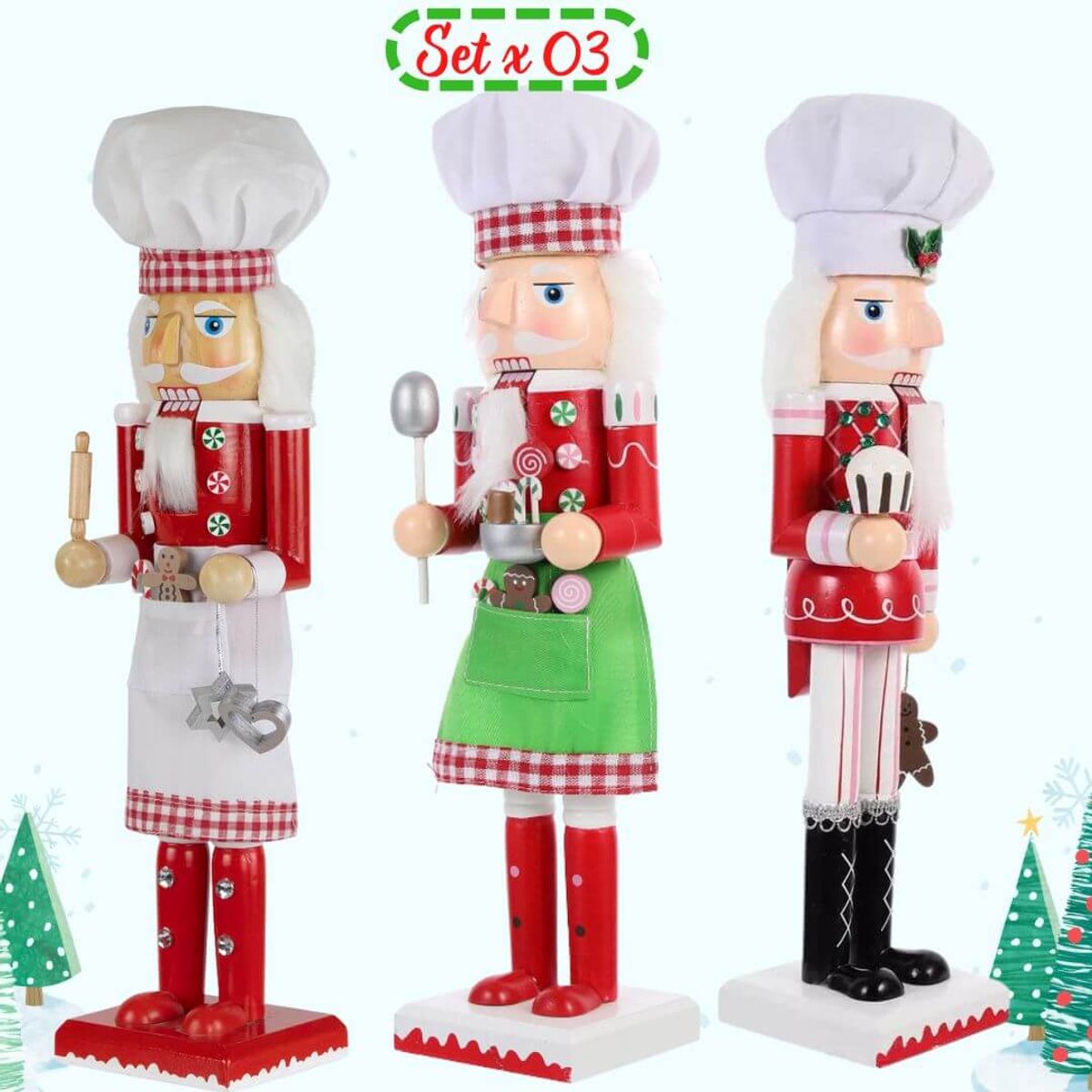 GENERICO - Cascanueces Navidad Modelo Pastelero Set x 03 - Miden 38 cm