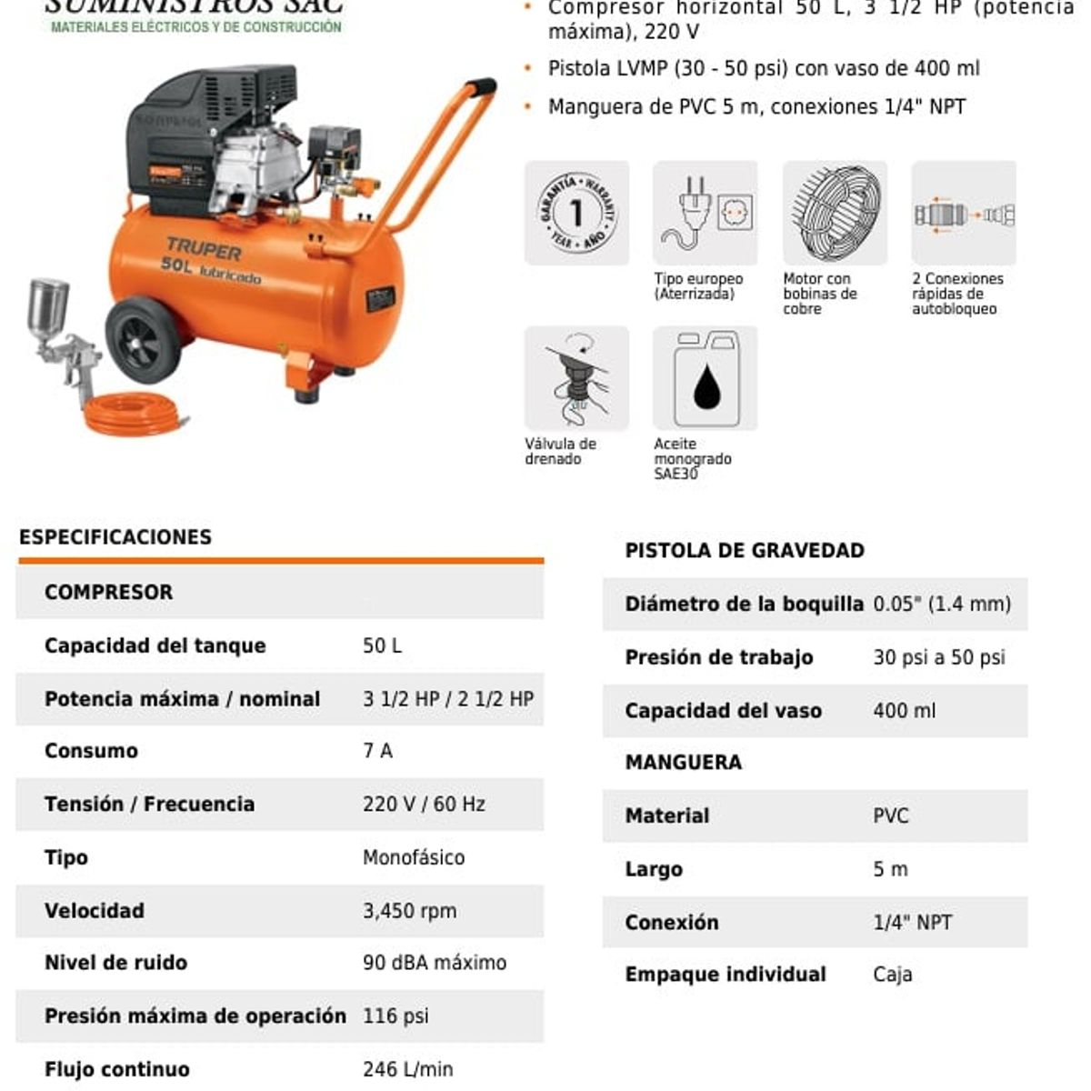 TRUPER - COMPRESORA DE 50L 3 1/2 HP CON MANGUERA Y PISTOLA PARA PINTAR