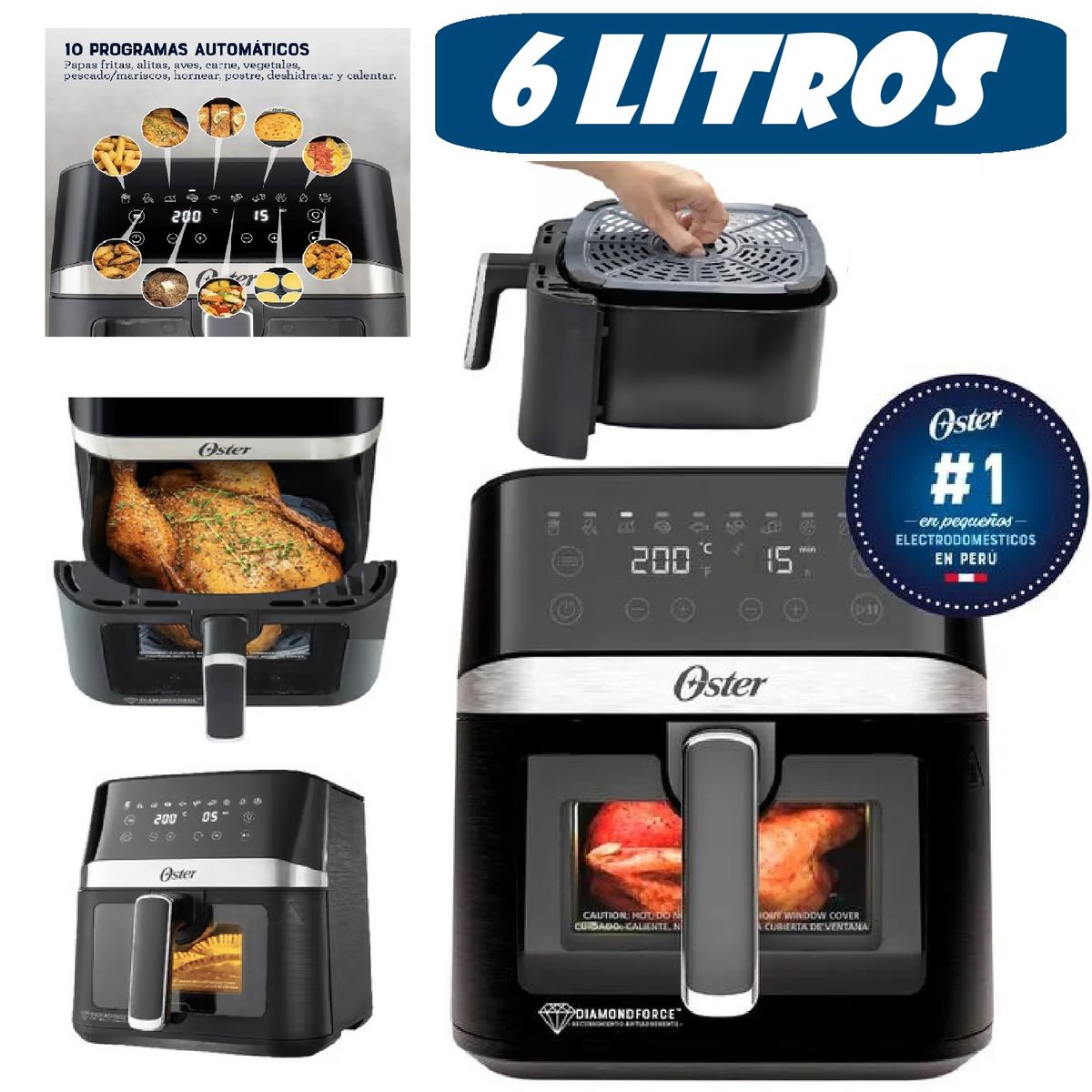 OSTER - Freidora De Aire DIgital Diamond 6Litros luz interna CKSTAF60WDDF