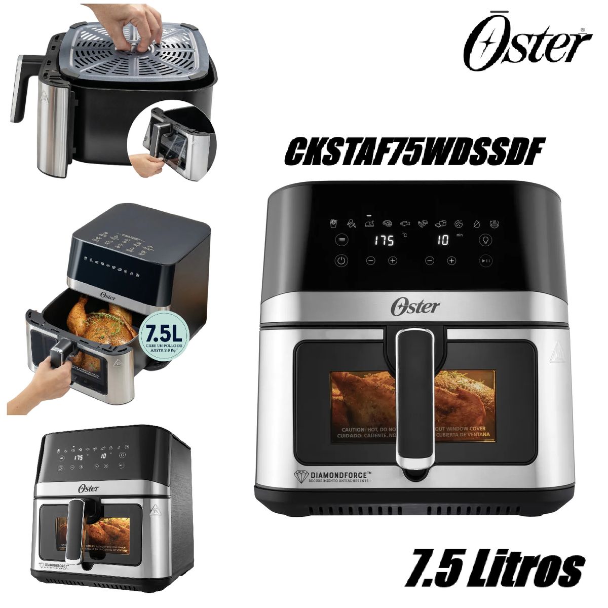 OSTER - Freidora De Aire Digital Diamond Force 7-5 Litros CKSTAF75WDSSDF