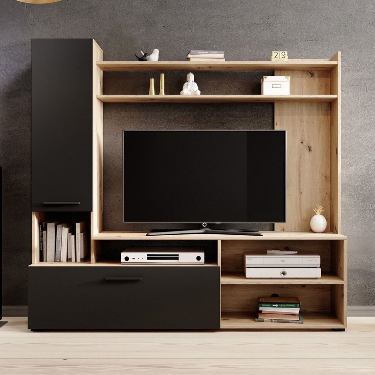 TU MESITA - Centro de Entretenimiento Logan color robleNegro 2 puertas TU MESITA