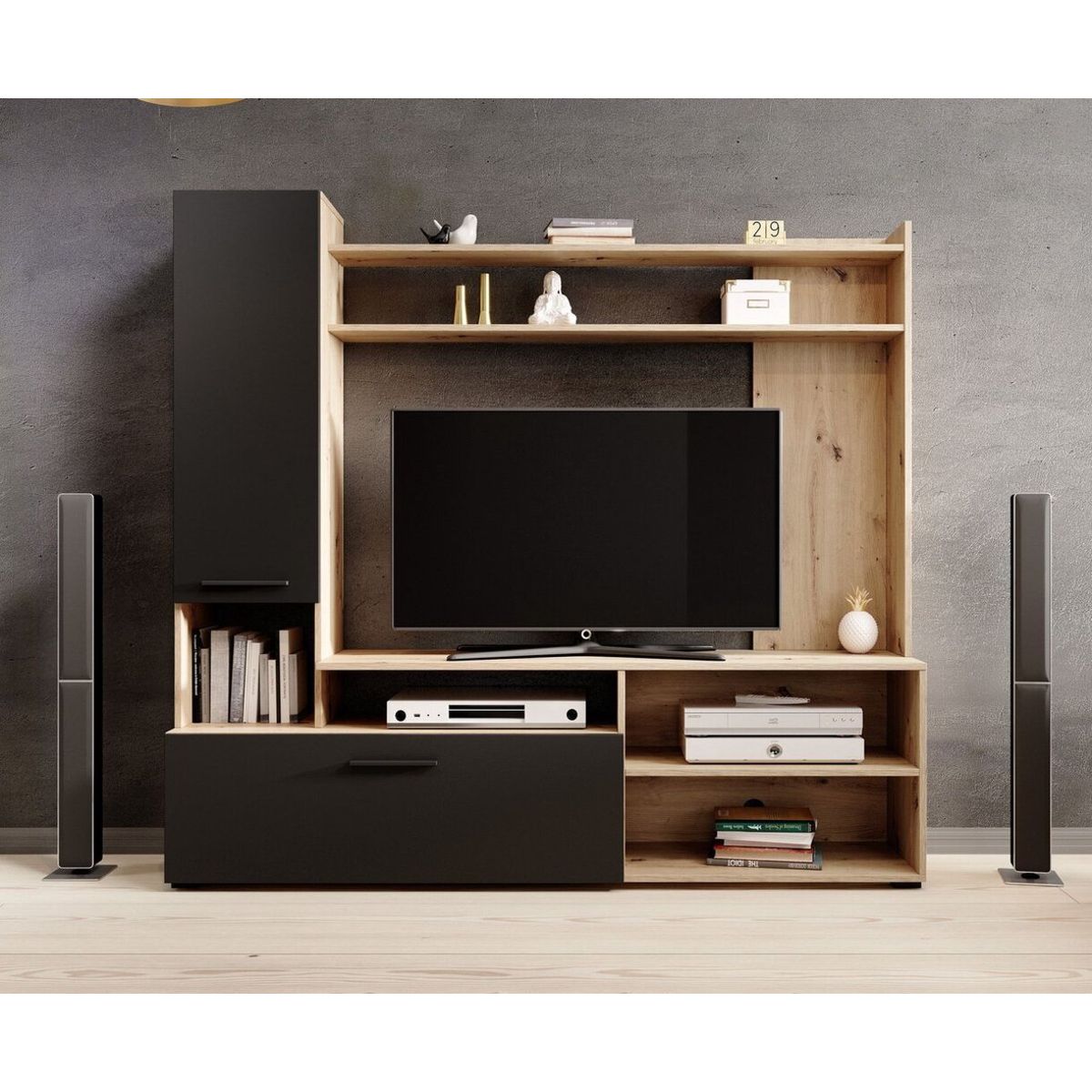 TU MESITA - Centro de Entretenimiento Logan color robleNegro 2 puertas TU MESITA