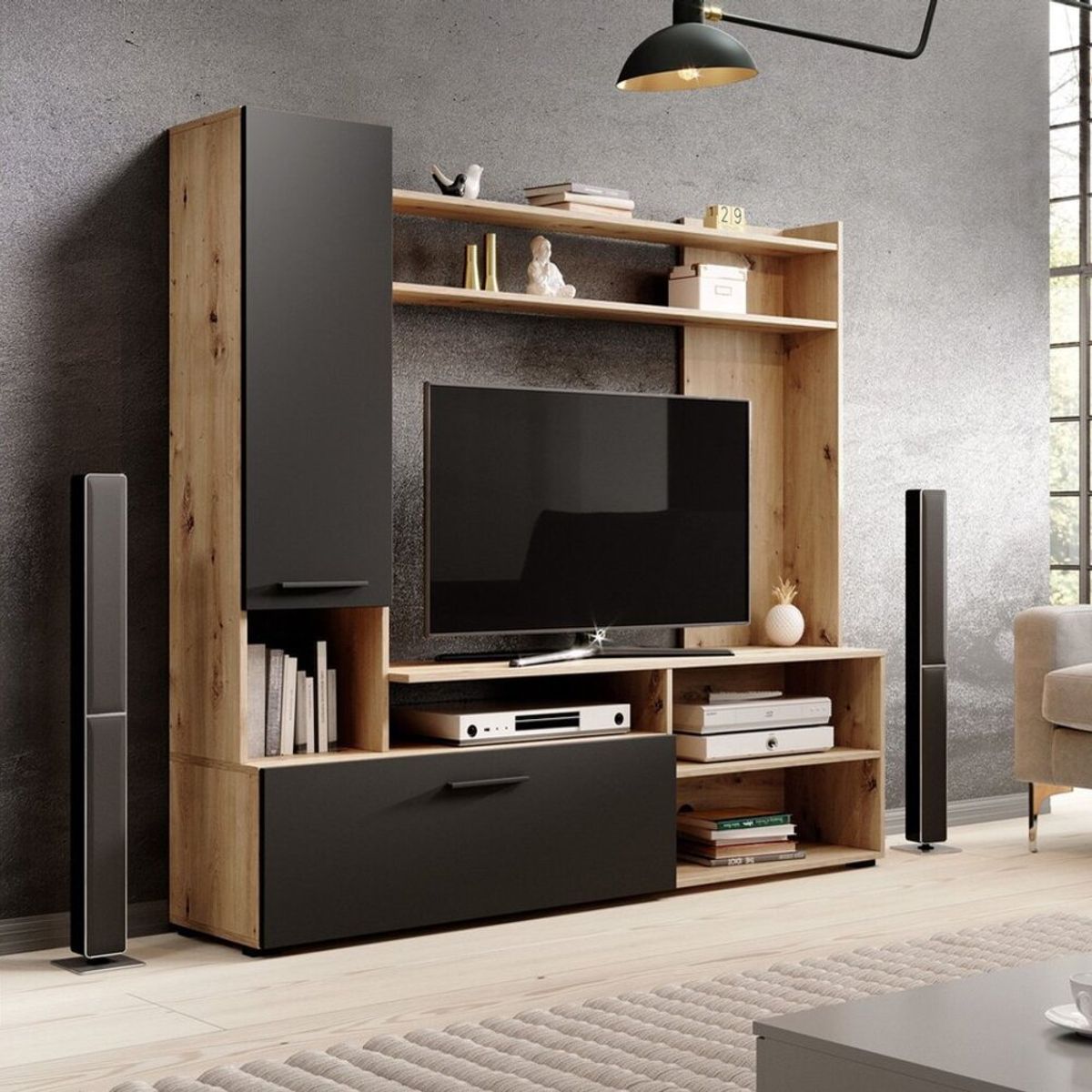 TU MESITA - Centro de Entretenimiento Logan color robleNegro 2 puertas TU MESITA