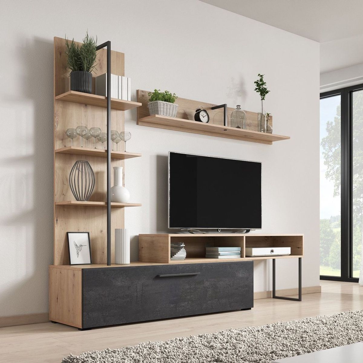 TU MESITA - Juego Mesa de TV + Repisa + Estanteria Casius color Marrón TU MESITA