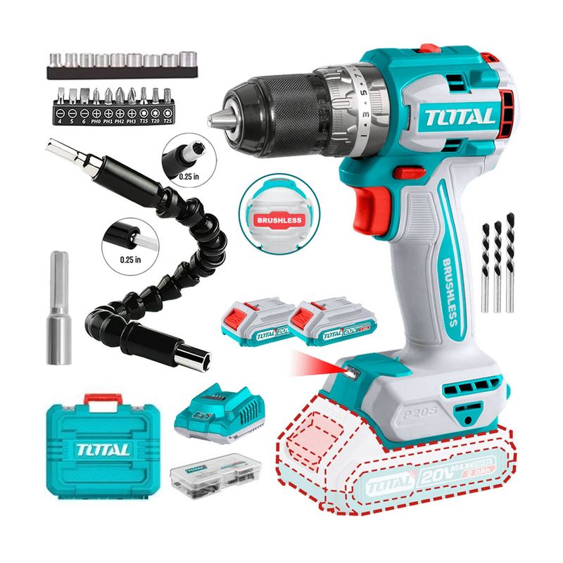 TOTAL TOOLS - TALADRO PERCUTOR PORTABLE 20V BRUSHLEES TOTAL + 21 ACCESORIOS
