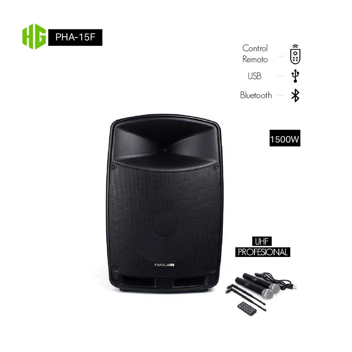 HALION - Parlante activo 15 halion PHA-15F - 2UHF - 3000w profesional
