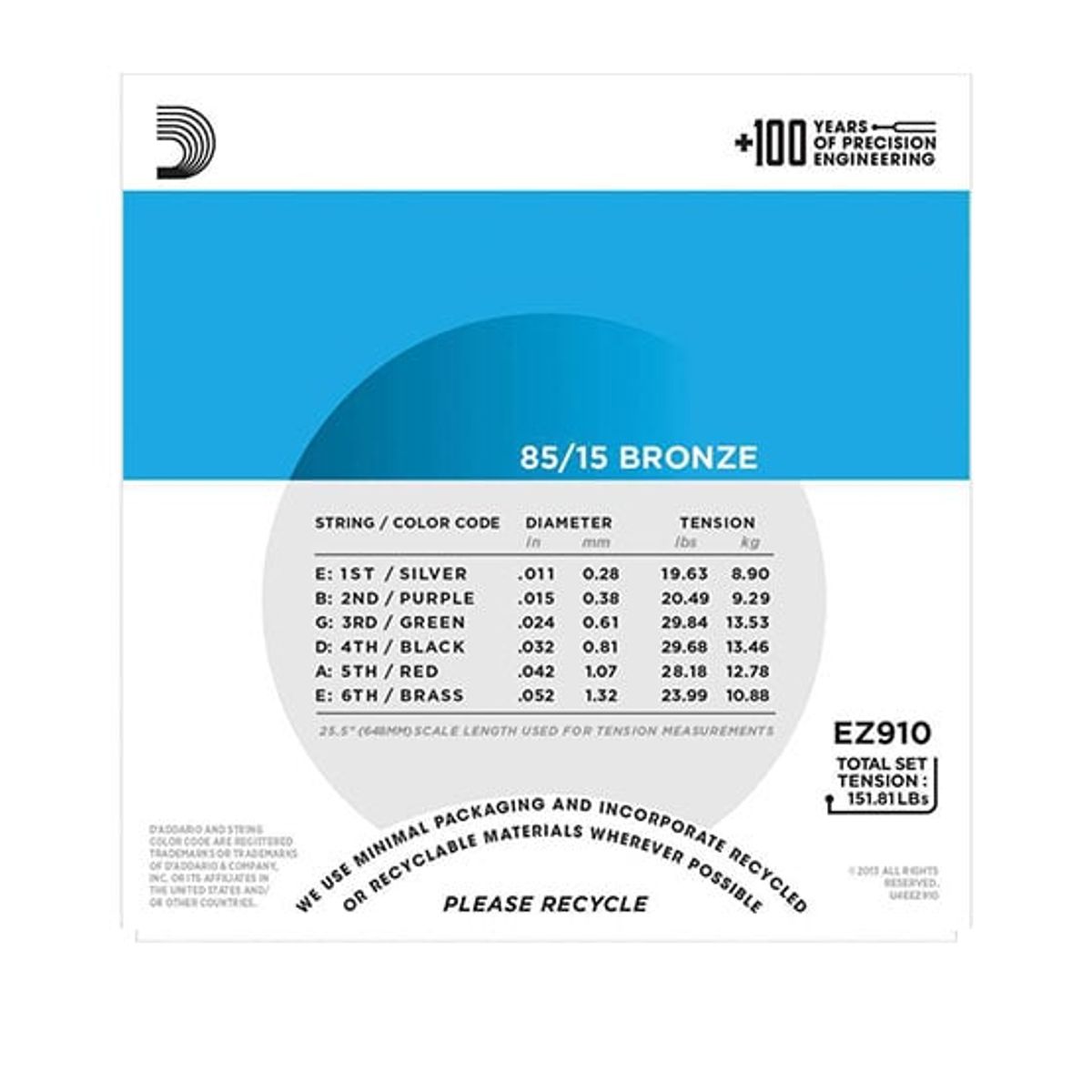 DADDARIO - Juego de Cuerdas Daddario para Guitarra Acústica EZ910 calibre 11-52