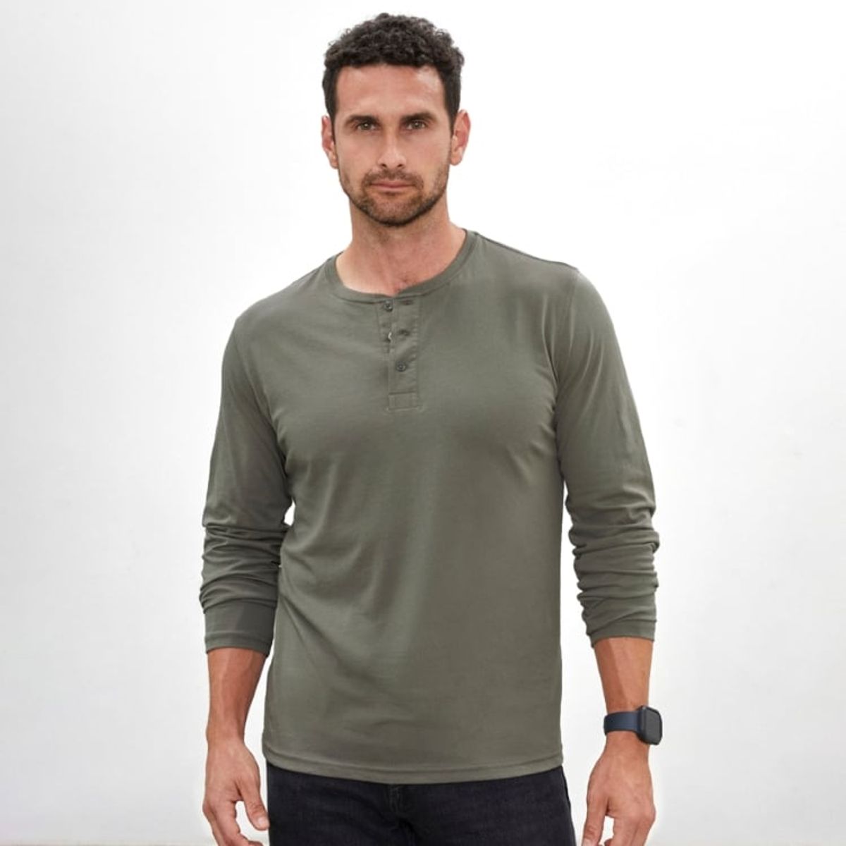DROP THE LABEL - Polo Verde Oliva Henley Manga Larga para Hombre Drop the Label Algodón Pima