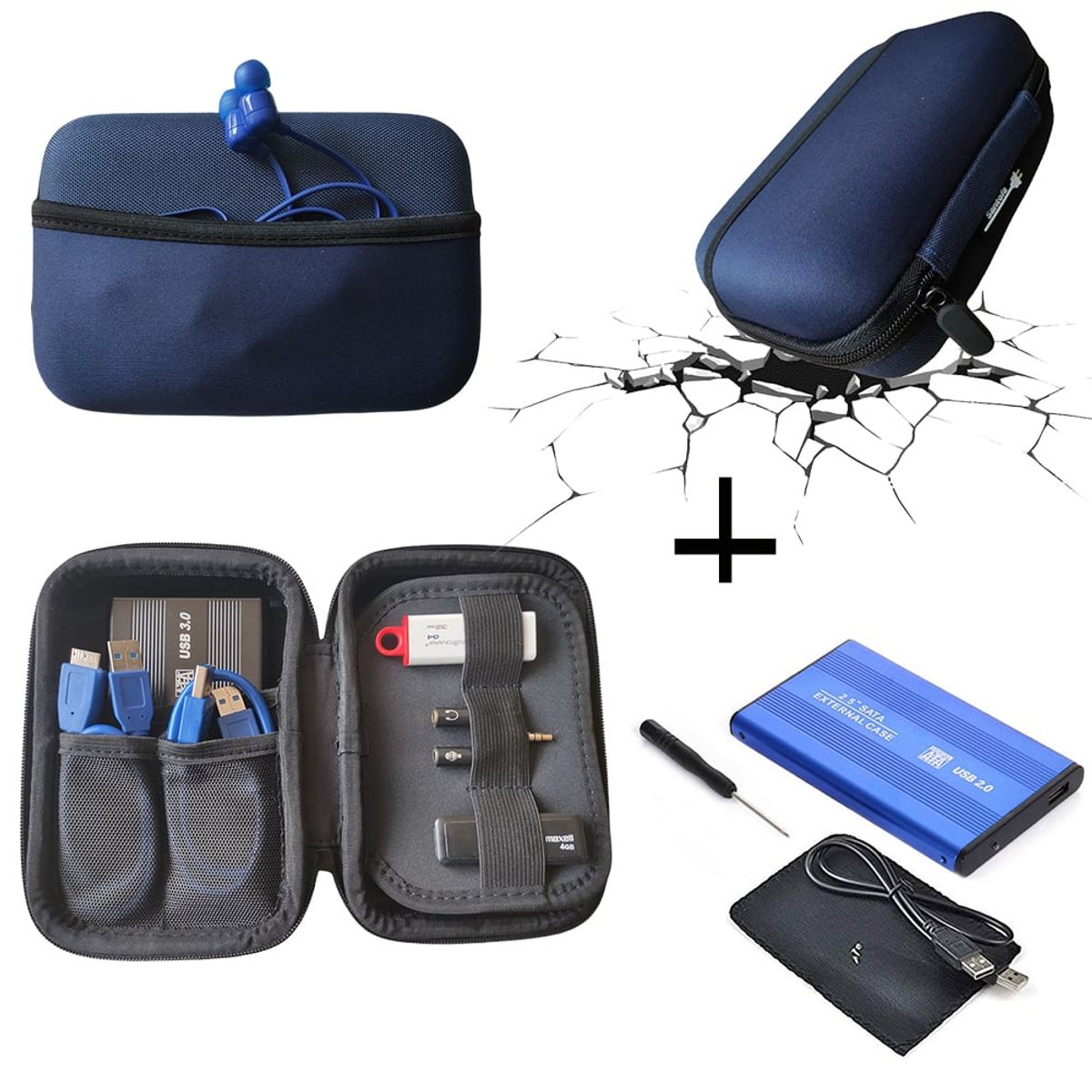 SANTOFA ELECTRONICS - Funda Anti Golpes + Case Disco Duro Externo 2.5 doble bolsillo - Azul