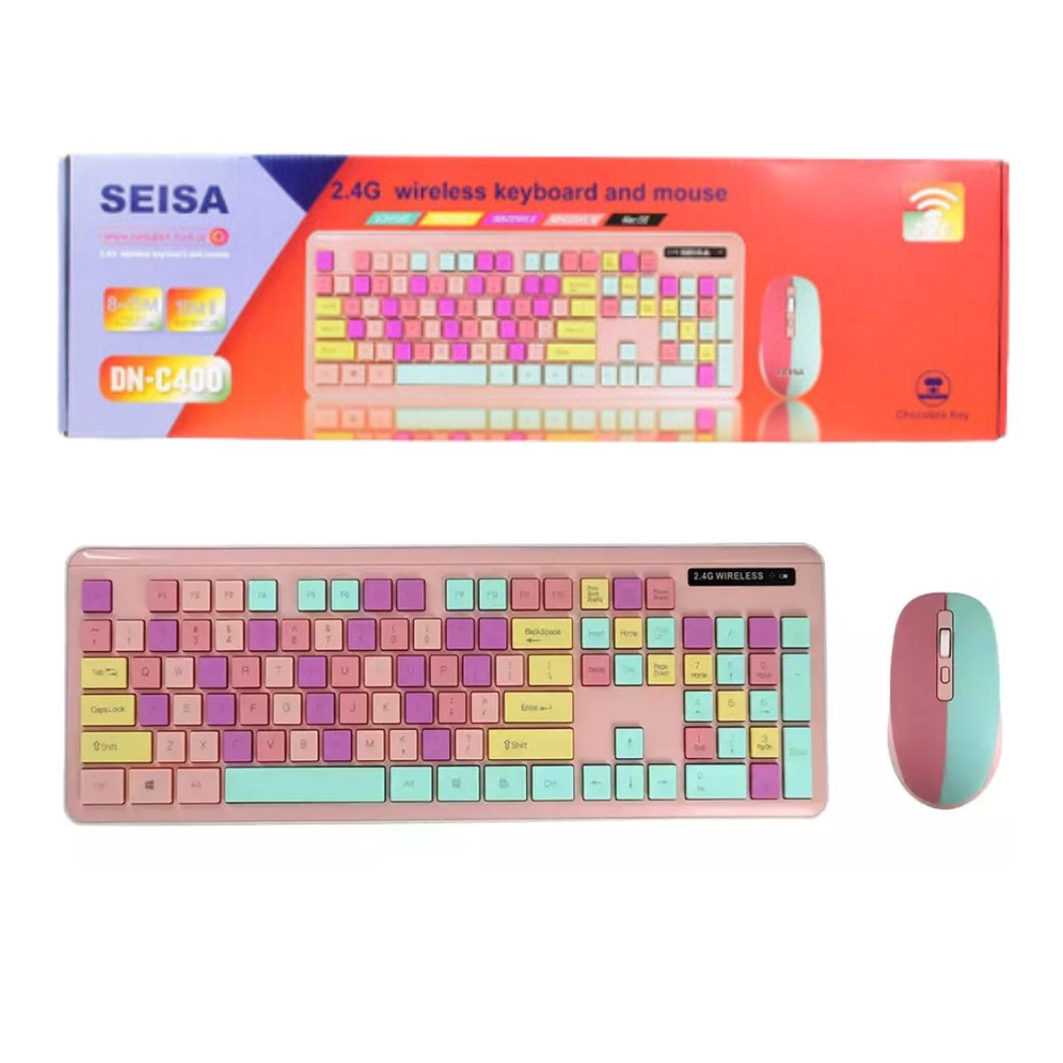 SEISA - Kit Teclado y Mouse Inalámbrico Rosado Multicolor para PC DN-C400