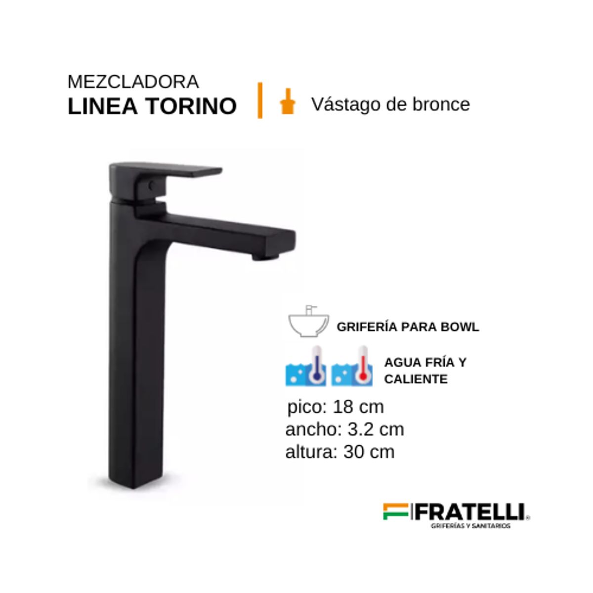 FRATELLI - GRIFO MEZCLADORA BAÑO ALTO MONOCROMADO NEGRO