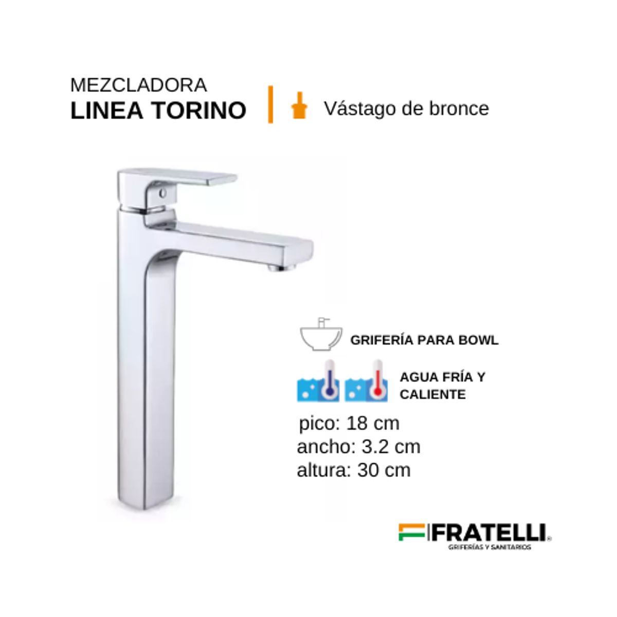 FRATELLI - GRIFO MEZCLADORA BAÑO ALTO MONOCROMADO PLATEADO