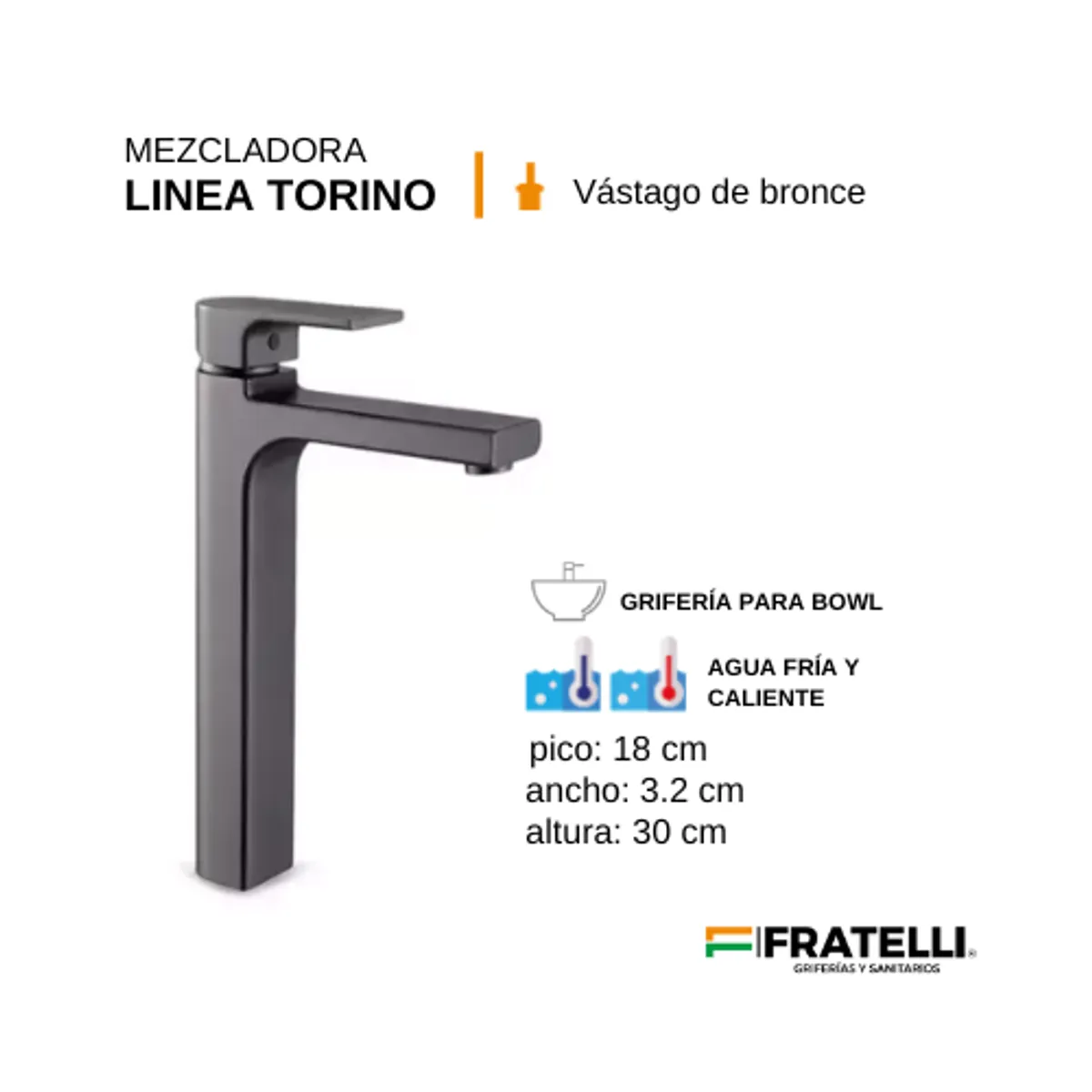 FRATELLI - GRIFO MEZCLADORA BAÑO ALTO MONOCROMADO GRIS OSCURO