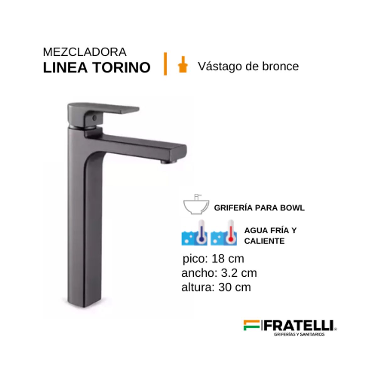 FRATELLI - GRIFO MEZCLADORA BAÑO ALTO MONOCROMADO GRIS OSCURO