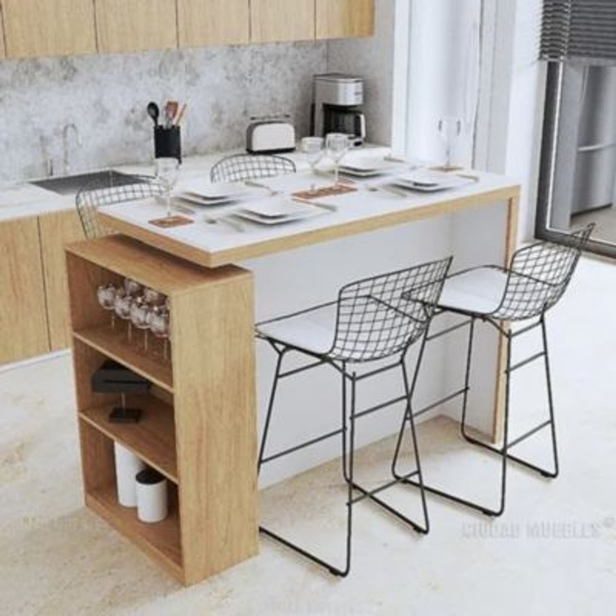 GENERICO - Mesa Barra Desayunador Olivia Para 4 personas 150x60 cm Color Blanco con Duna R&R MUEBLES