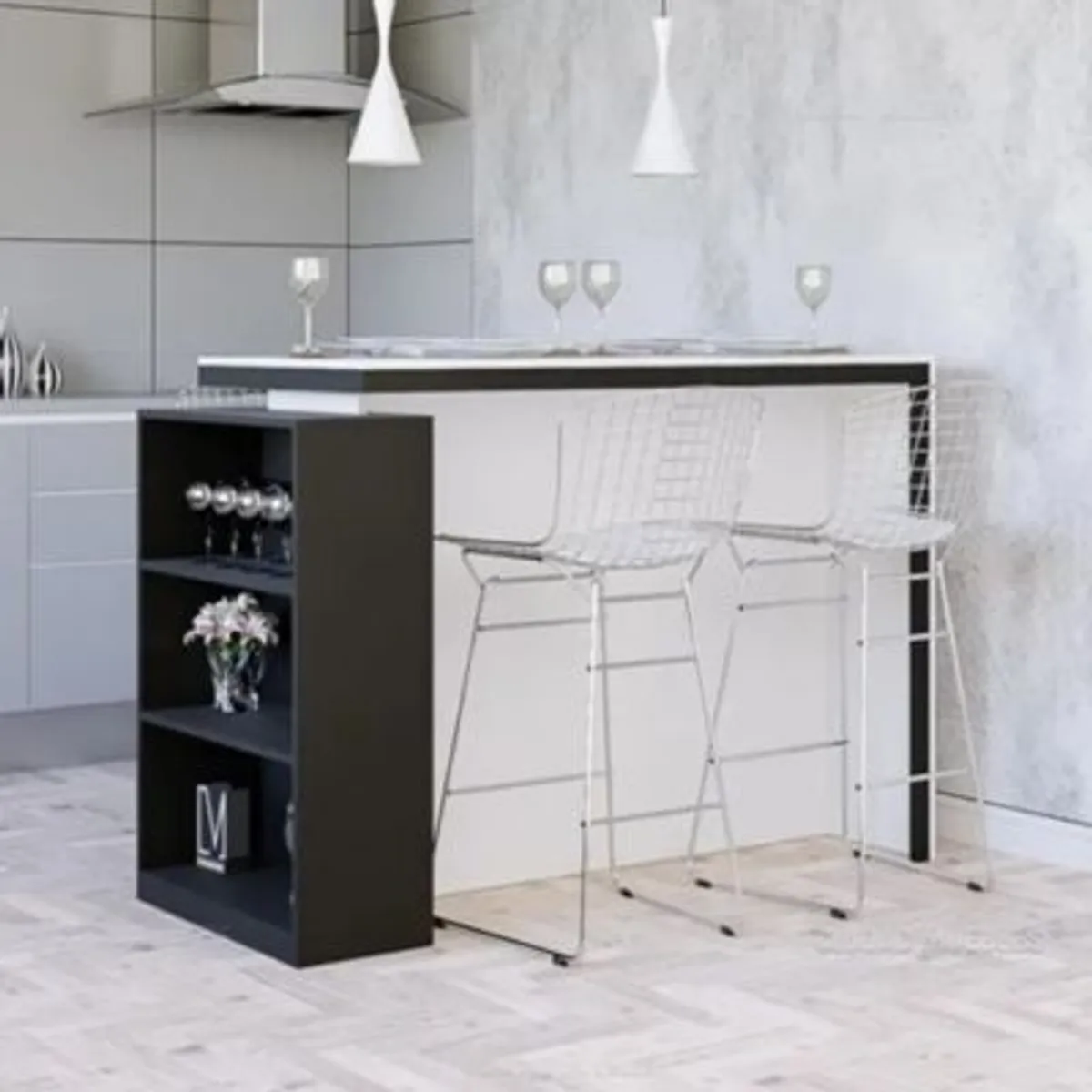 R&R MUEBLES - Mesa Barra Desayunador Olivia de 4 personas Blanco y Negro R&R MUEBLES