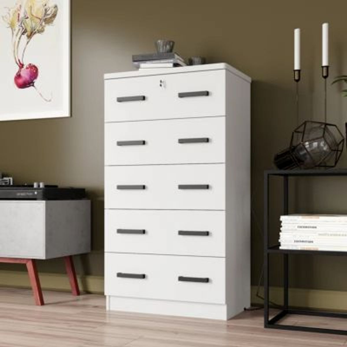 GENERICO - Cómoda con Llave George 5 Cajones Blanco R&R MUEBLES