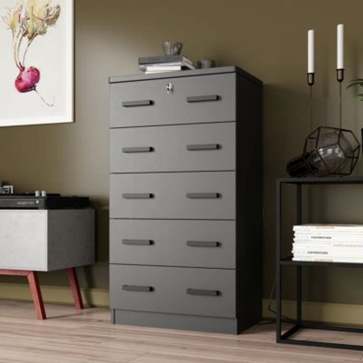 GENERICO - Cómoda con Llave George 5 Cajones Negro R&R MUEBLES