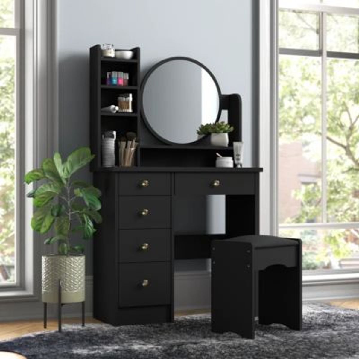 GENERICO - Tocador con Banqueta Moderno Málaga Negro R&R MUEBLES