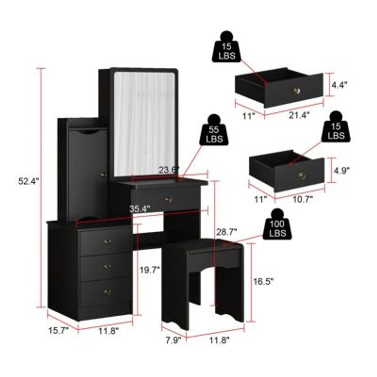 GENERICO - Tocador con Banqueta Moderno Gianina Negro R&R MUEBLES