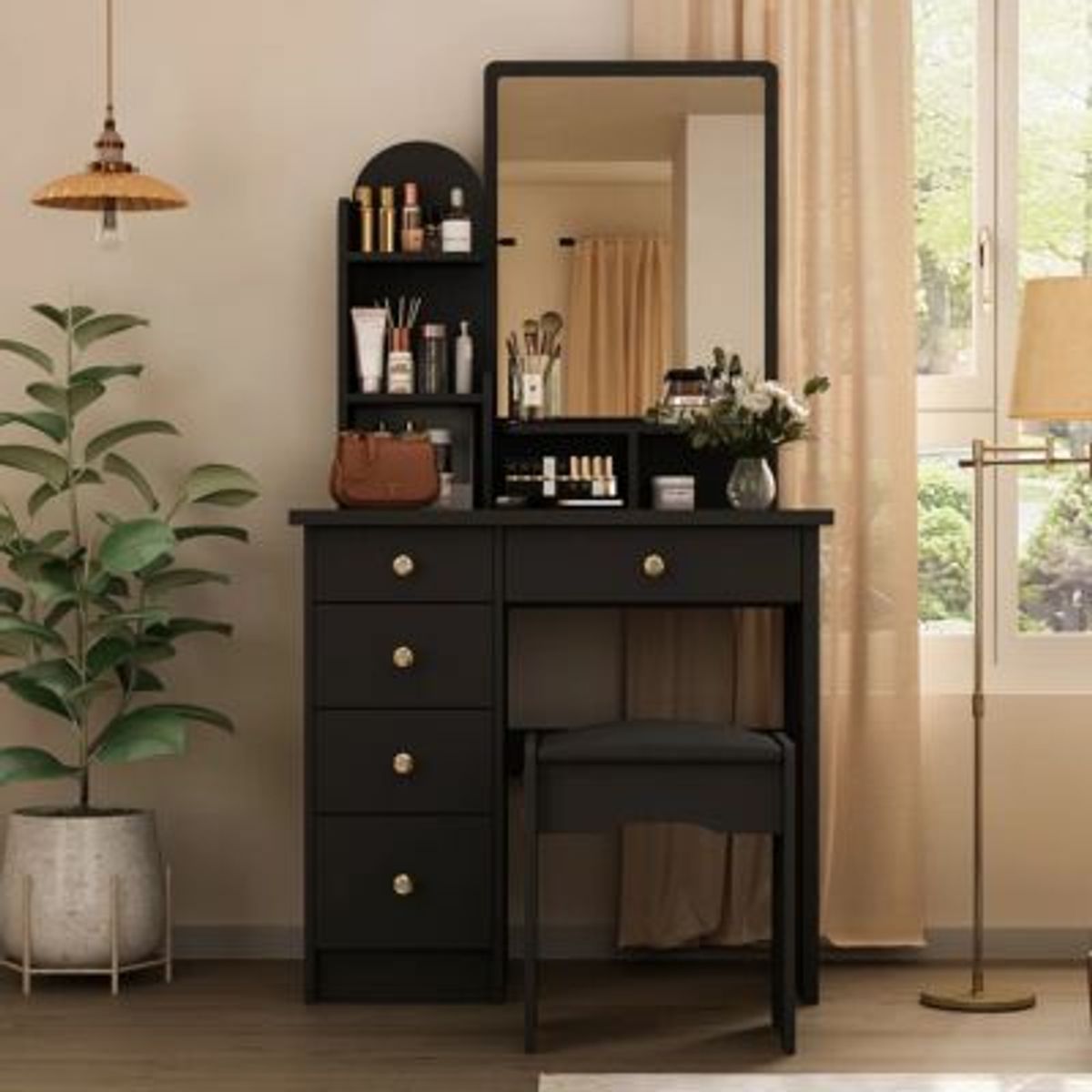 GENERICO - Tocador con Banqueta Moderno Leyka Negro R&R MUEBLES